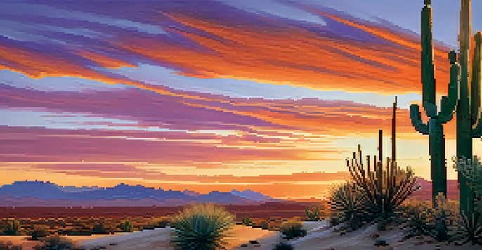 A desert landscape at sunset with peyote cacti and a colorful sky.
