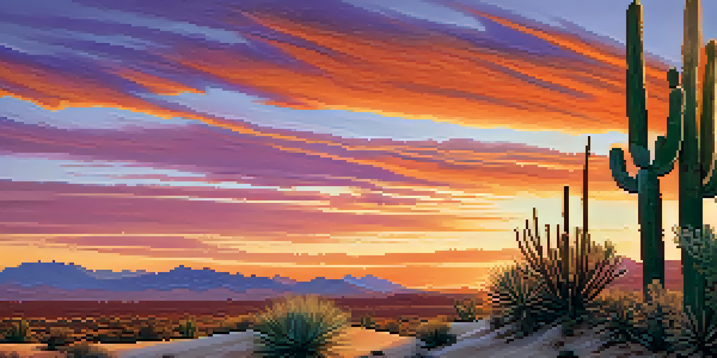 A desert landscape at sunset with peyote cacti and a colorful sky.