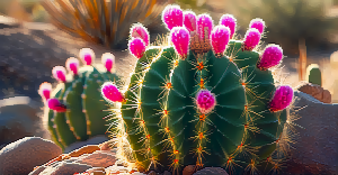 A close-up view of a Peyote cactus with pink flowers in a sunlit desert environment, showcasing its unique textures.