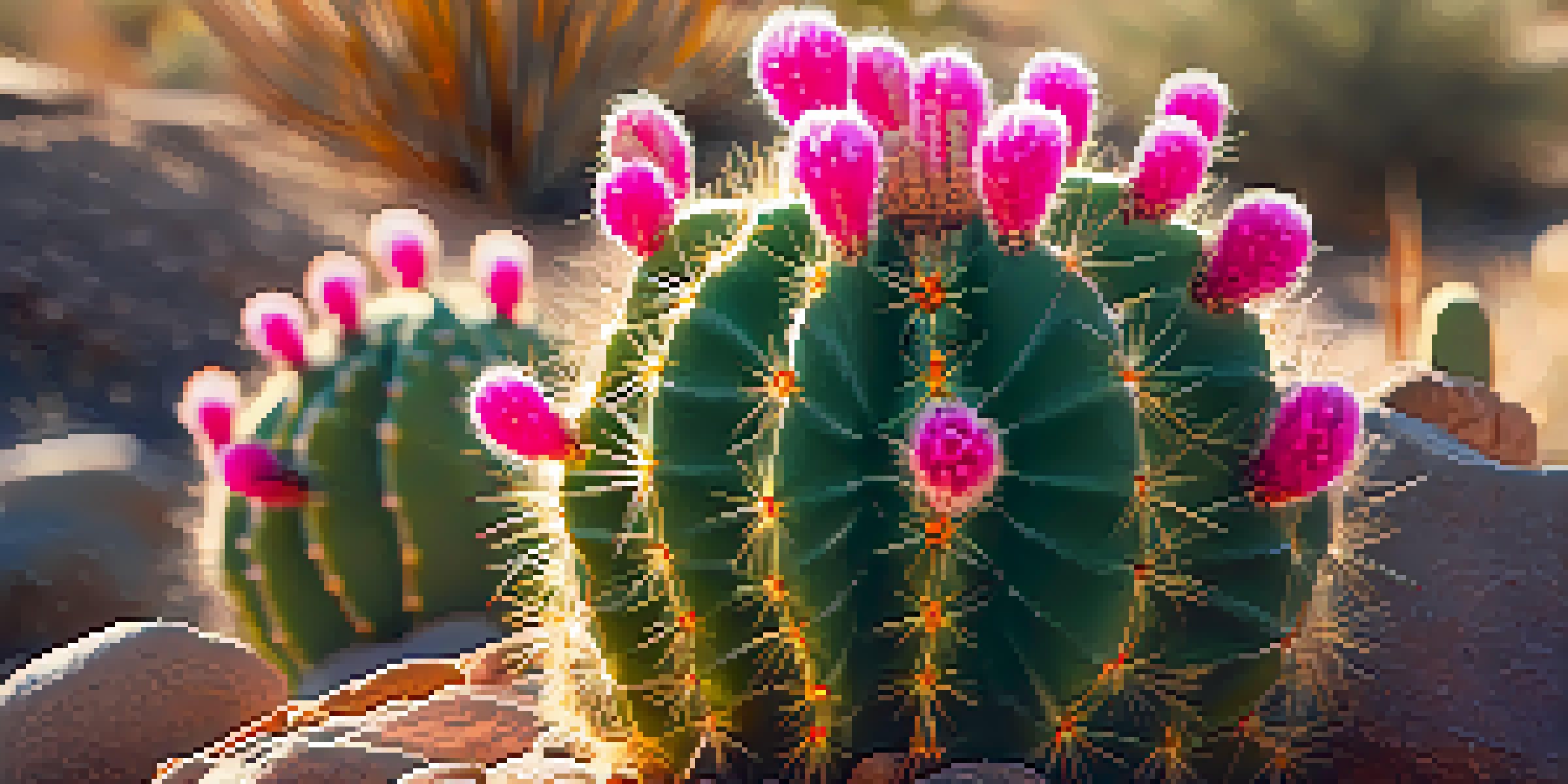 A close-up view of a Peyote cactus with pink flowers in a sunlit desert environment, showcasing its unique textures.