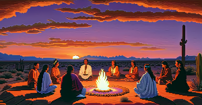 An Indigenous peyote ceremony at sunset, with participants gathered around a fire in a desert landscape.