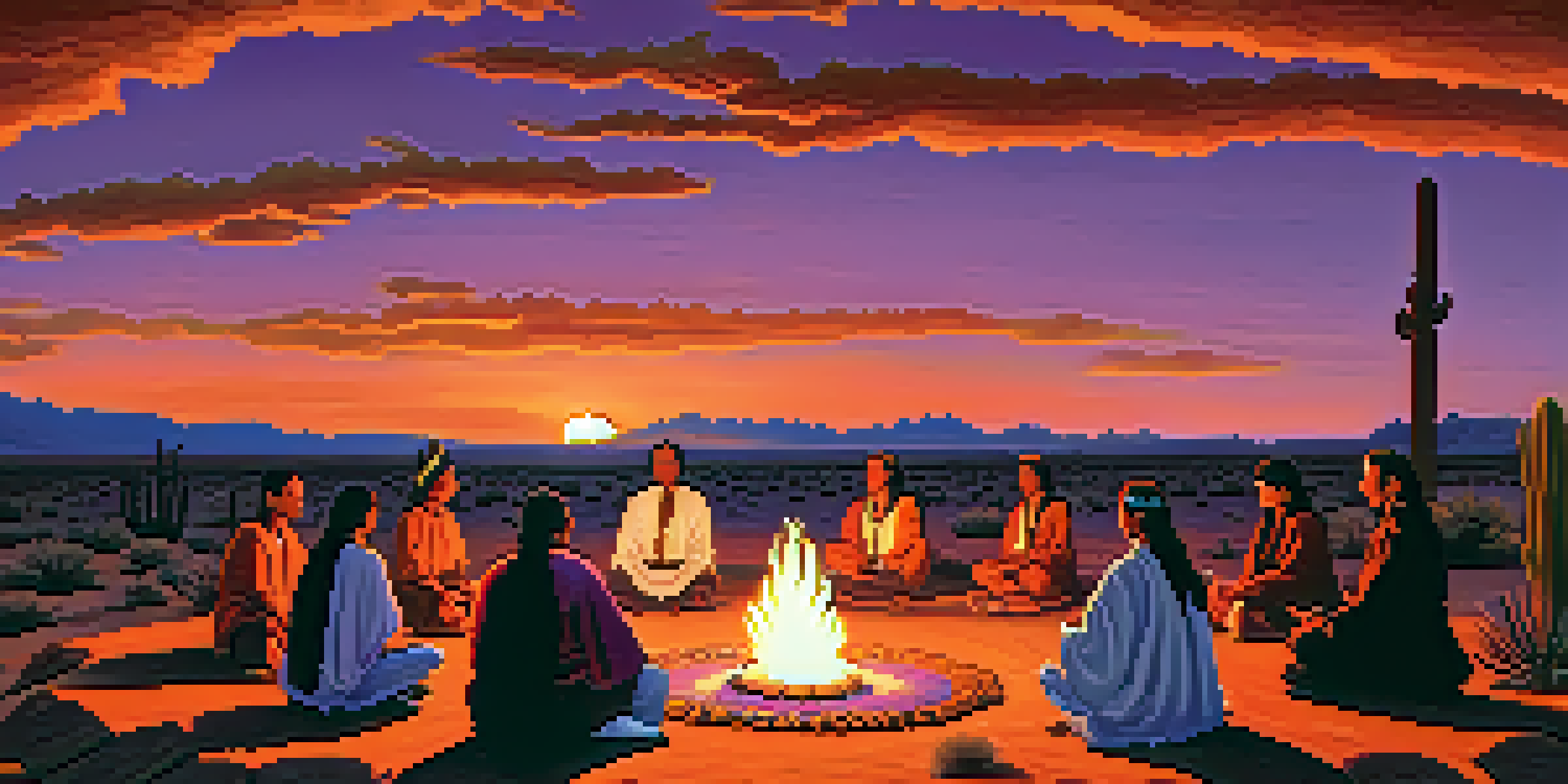 An Indigenous peyote ceremony at sunset, with participants gathered around a fire in a desert landscape.