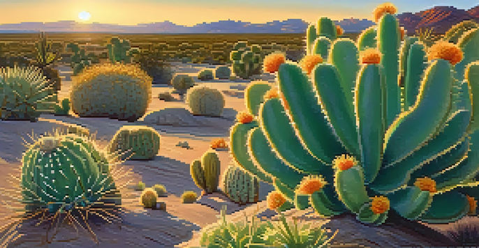 A close-up of a Peyote cactus in a desert setting during sunset, showcasing its green buttons and the warm light highlighting its texture.