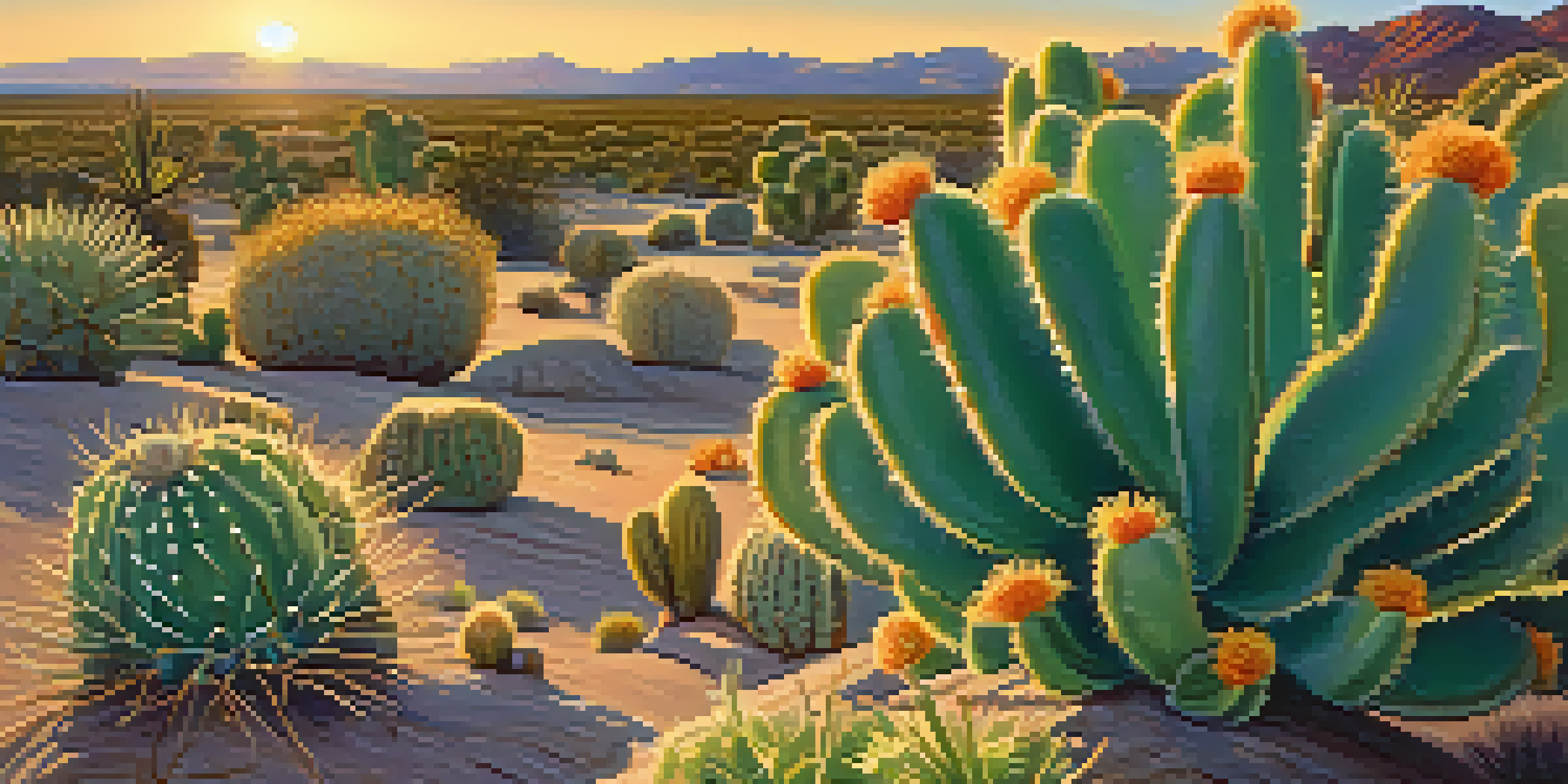 A close-up of a Peyote cactus in a desert setting during sunset, showcasing its green buttons and the warm light highlighting its texture.