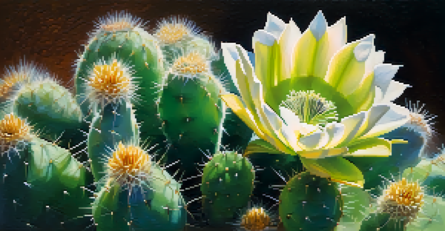 A detailed close-up of a peyote cactus with green skin and white flowers, illuminated by soft sunlight.