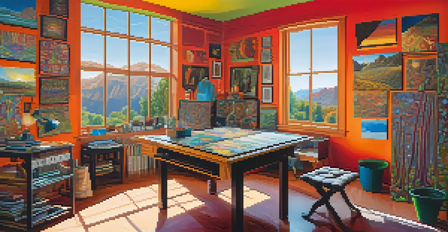 An artist's studio showcasing colorful paintings inspired by peyote, with a large canvas of a psychedelic landscape in sunlight.