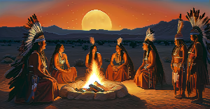 A peaceful Native American ceremony at dusk with participants in traditional attire around a fire, set against a desert landscape and starry sky.