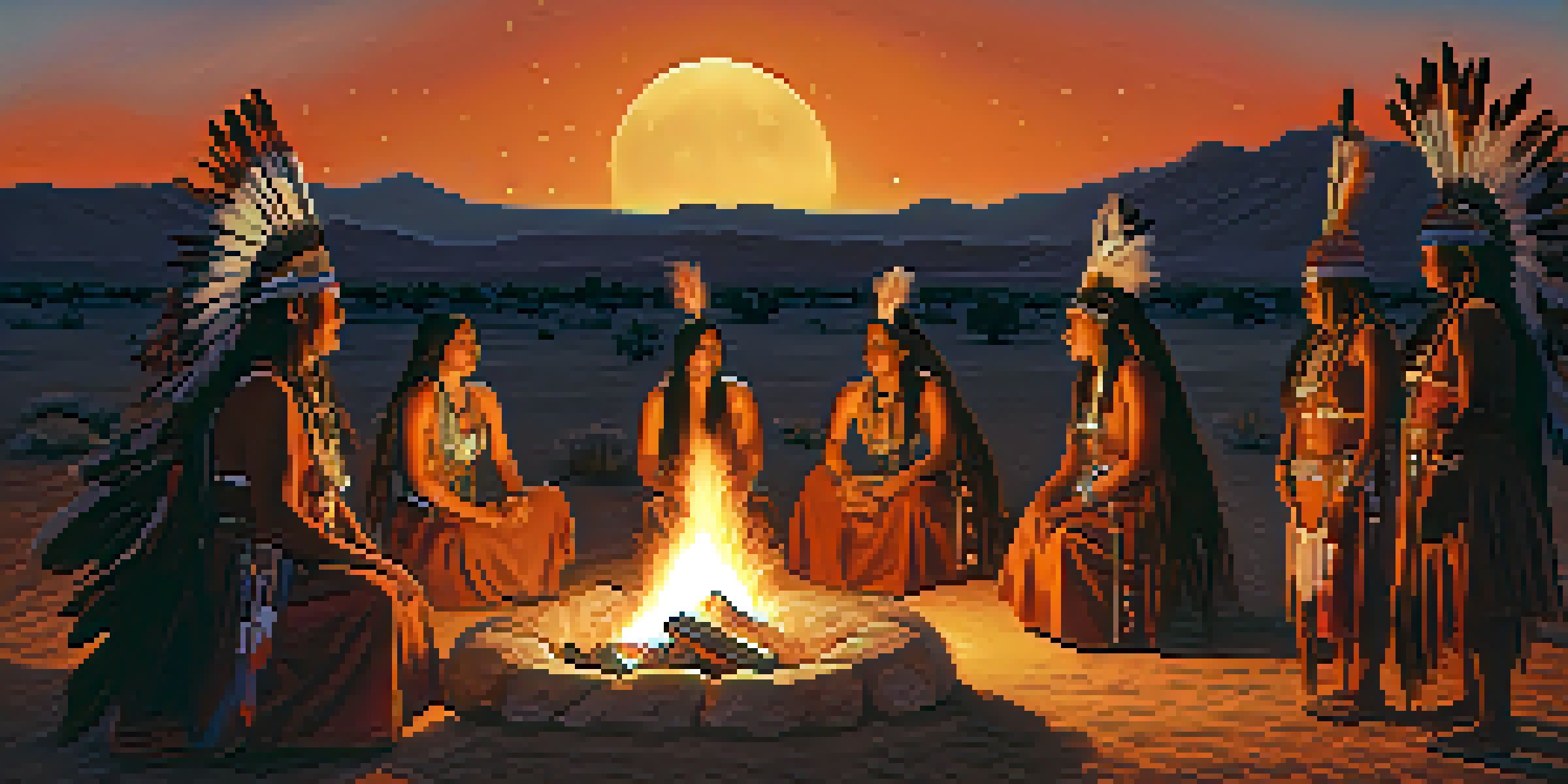 A peaceful Native American ceremony at dusk with participants in traditional attire around a fire, set against a desert landscape and starry sky.