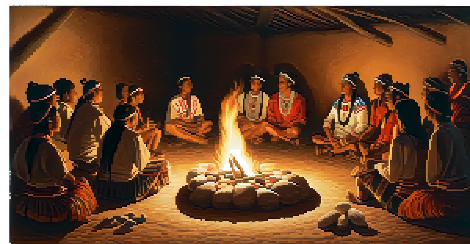 Indigenous people participating in a Peyote ritual around a fire.