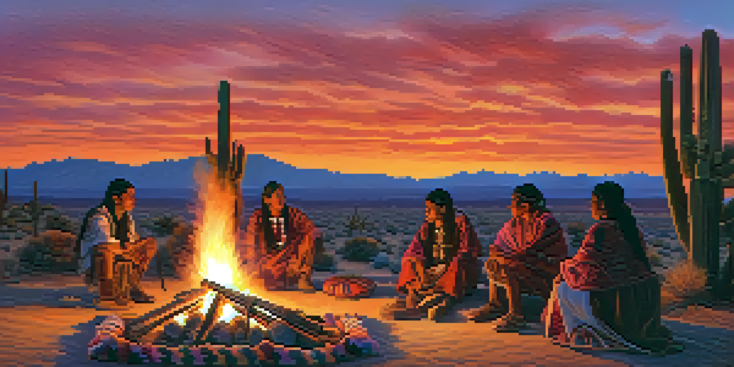 A group of Native American individuals gathered around a ceremonial fire at dusk, wearing traditional attire and surrounded by a desert landscape.