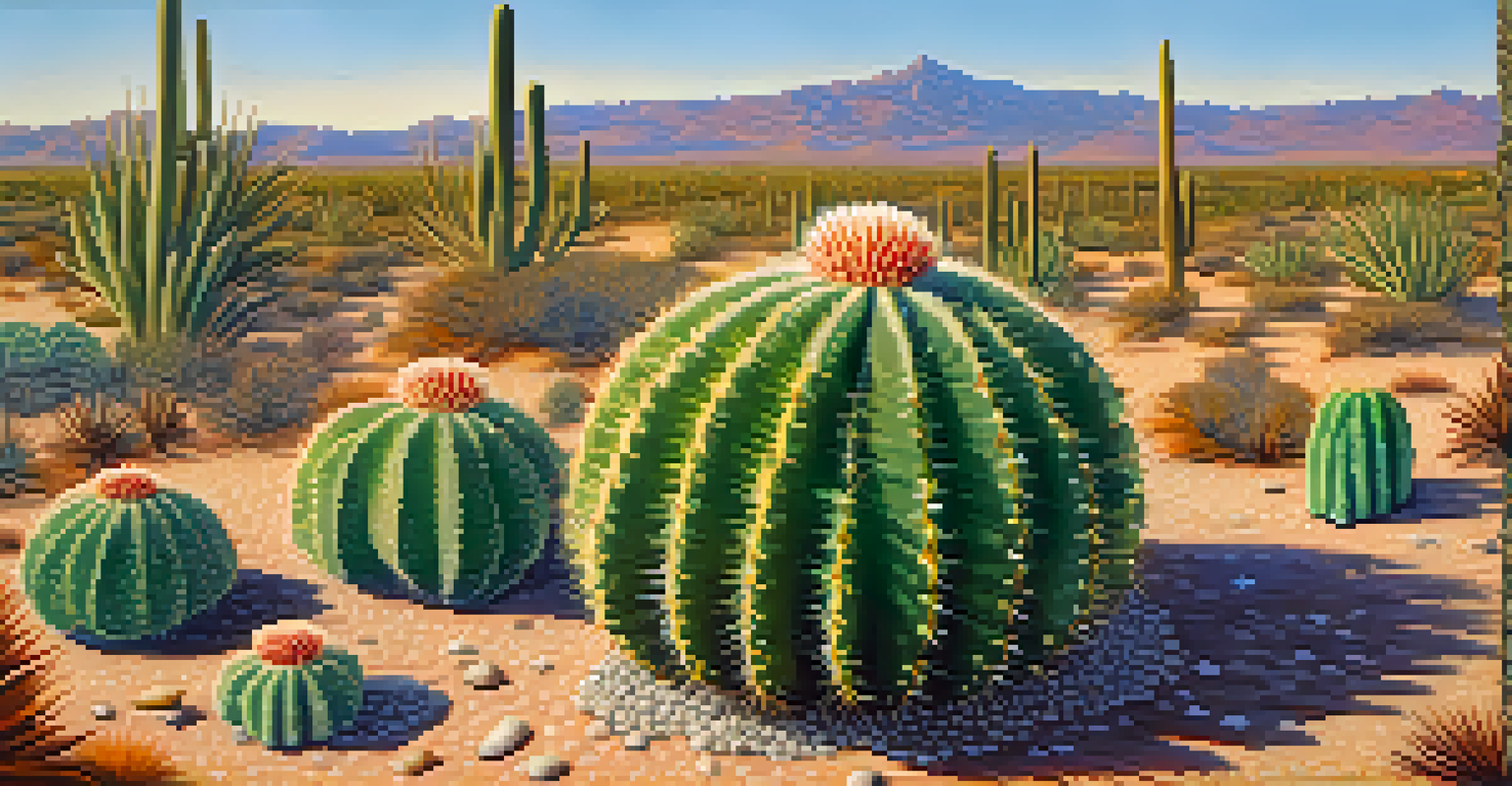 A detailed close-up of a peyote cactus with intricate textures and a blurred desert landscape in the background, illuminated by soft golden light.