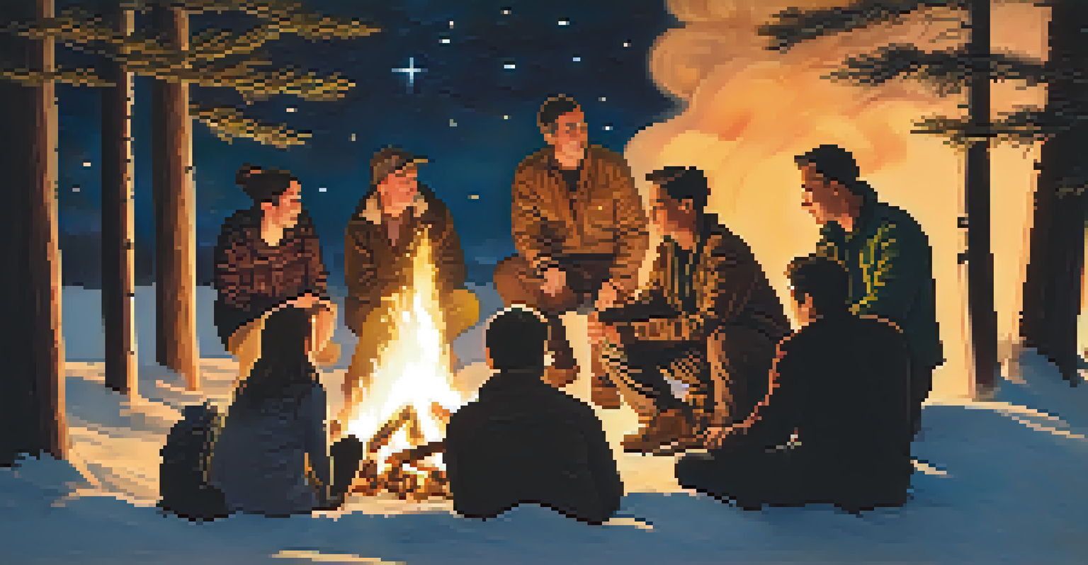 A group of people gathered around a warm fire under a starry sky, sharing stories.