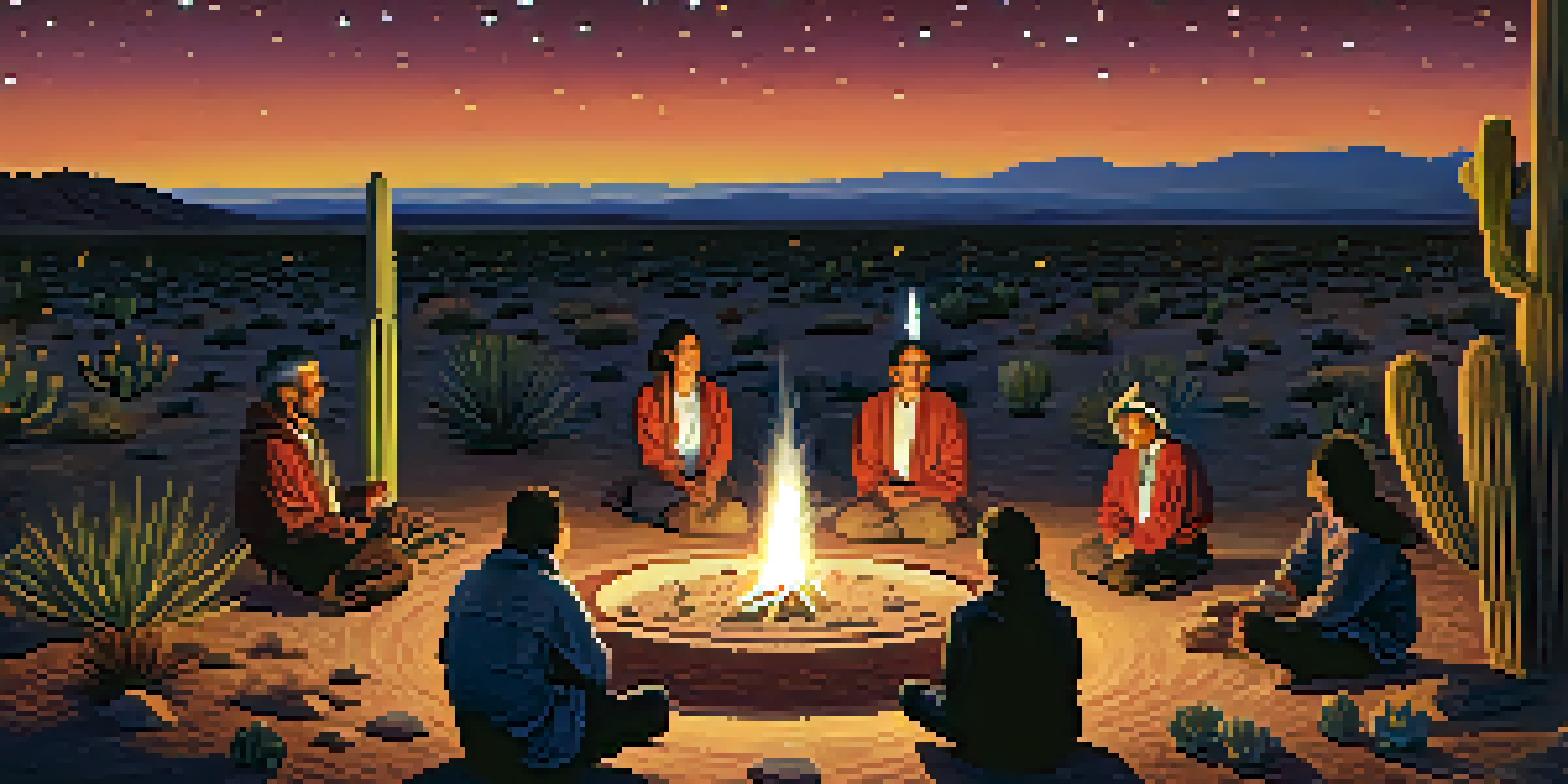 A group of people gathered in a circle around a fire during a peyote ceremony under a starry sky, with cacti in the background.