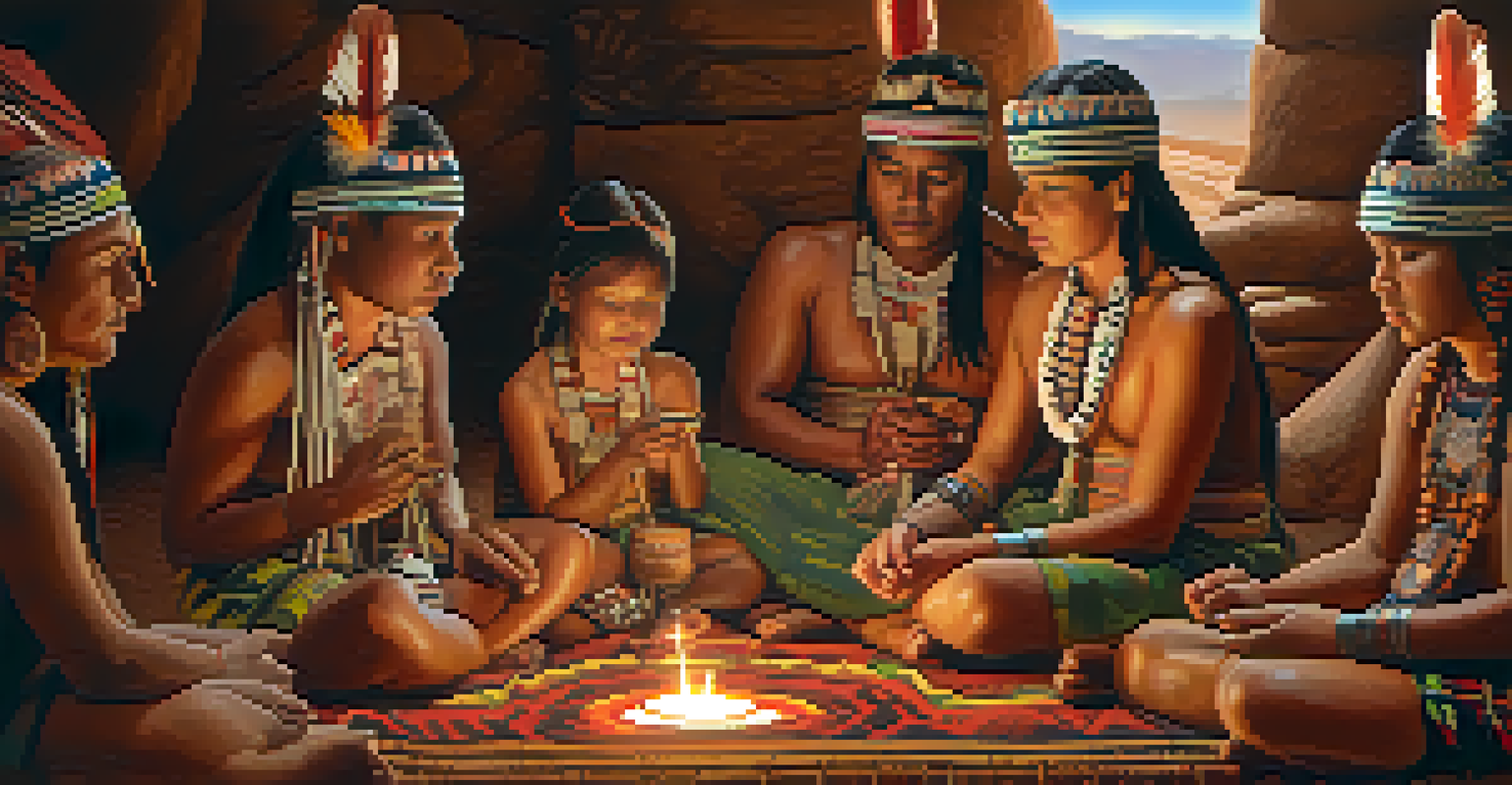 Indigenous people participating in a ceremony around a decorated peyote altar, with warm lighting and detailed ceremonial items.