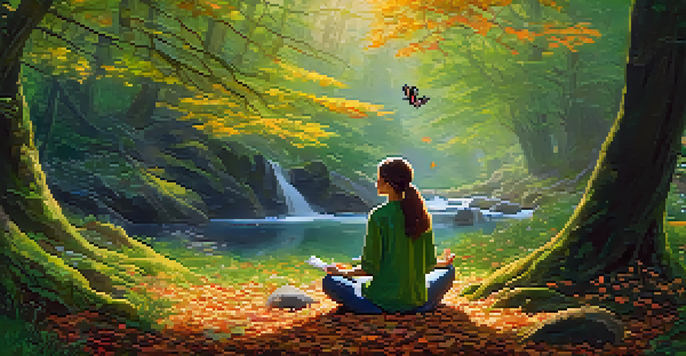 A person meditating in a peaceful forest, surrounded by trees and butterflies, on a bed of moss and leaves.