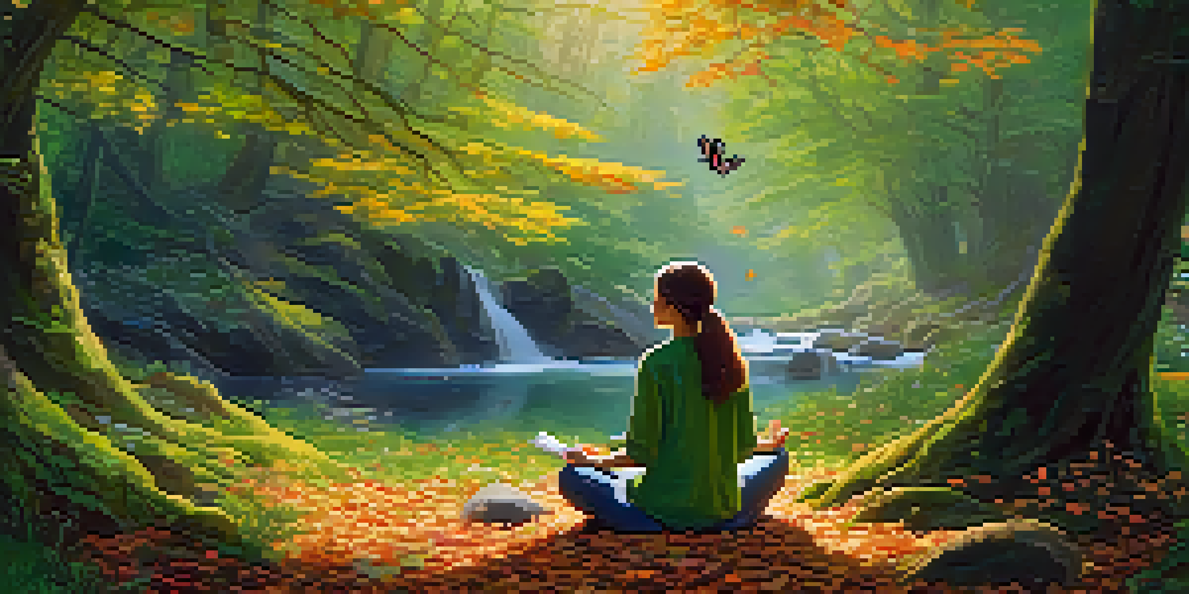 A person meditating in a peaceful forest, surrounded by trees and butterflies, on a bed of moss and leaves.