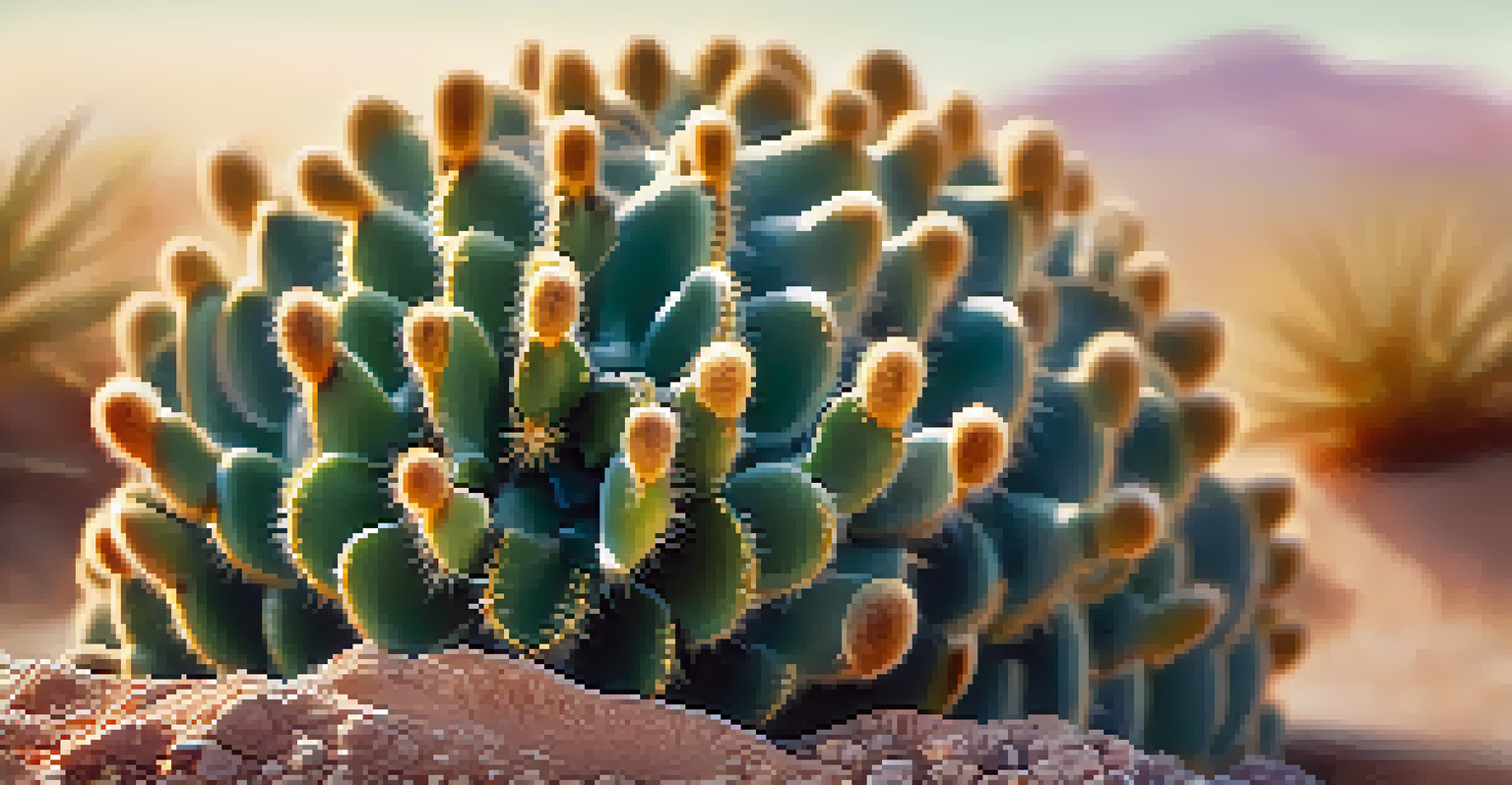 A detailed close-up of a peyote cactus with sunlight and dew, set against a softly blurred desert background.