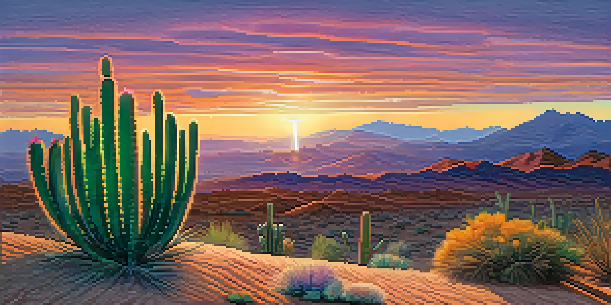 A serene desert landscape at sunset with a small peyote cactus in the foreground, showcasing a colorful sky.