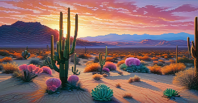 A desert landscape at dusk with colorful skies and peyote cacti in the foreground.