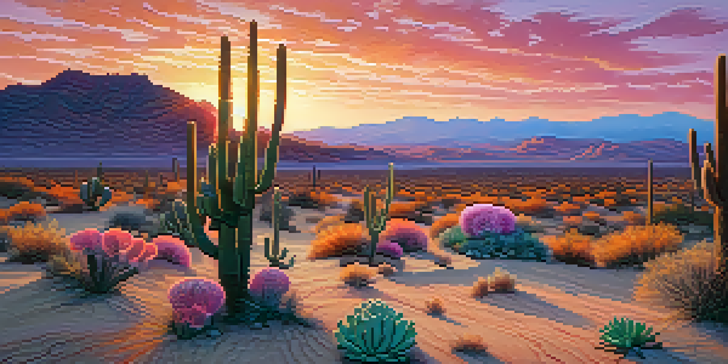 A desert landscape at dusk with colorful skies and peyote cacti in the foreground.