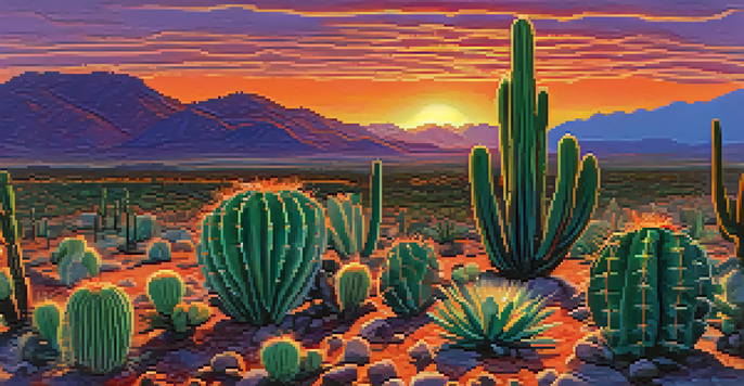 A landscape featuring a field of Peyote cacti at sunset, with vivid colors in the sky and detailed textures on the cacti.