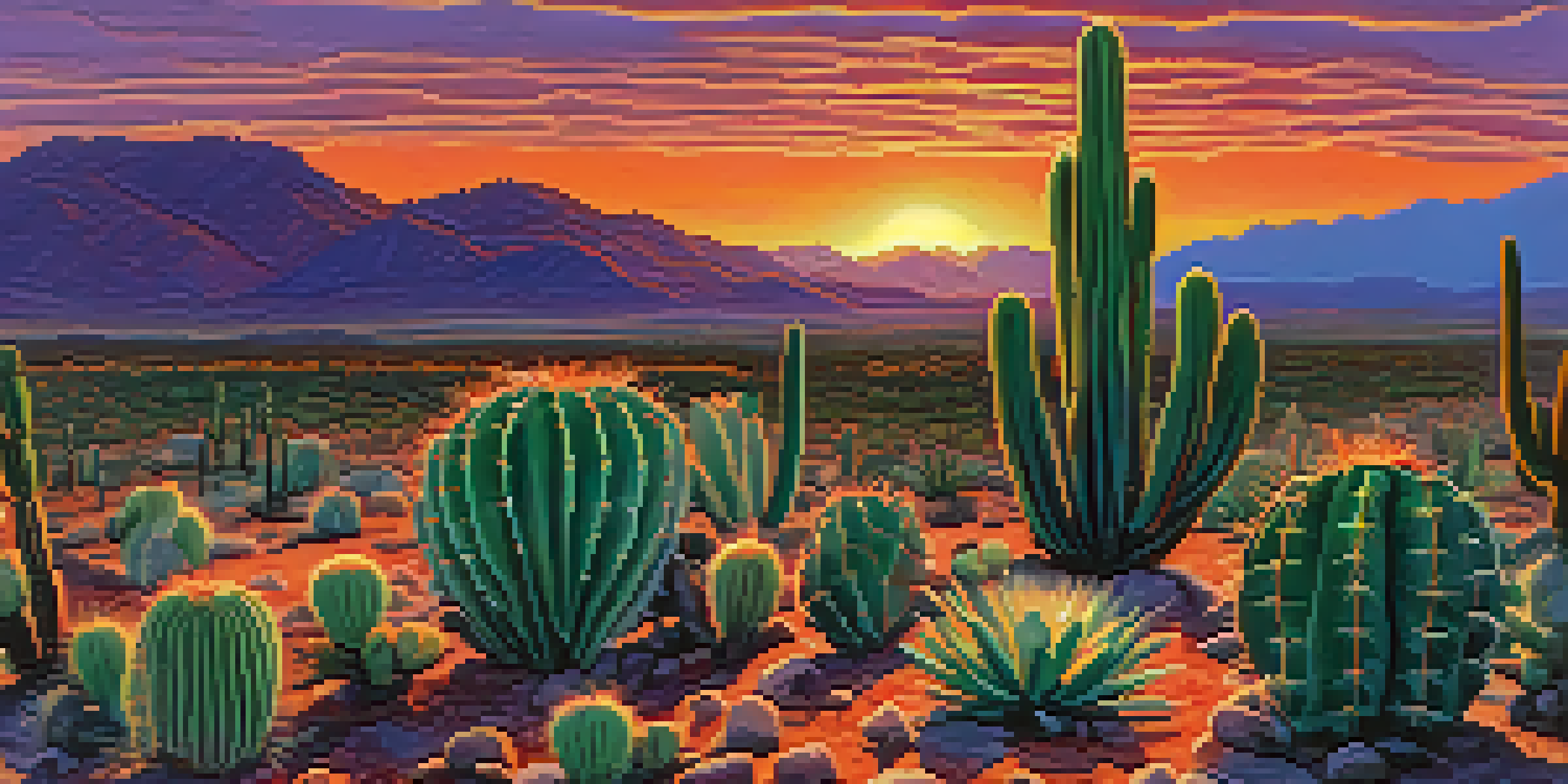 A landscape featuring a field of Peyote cacti at sunset, with vivid colors in the sky and detailed textures on the cacti.