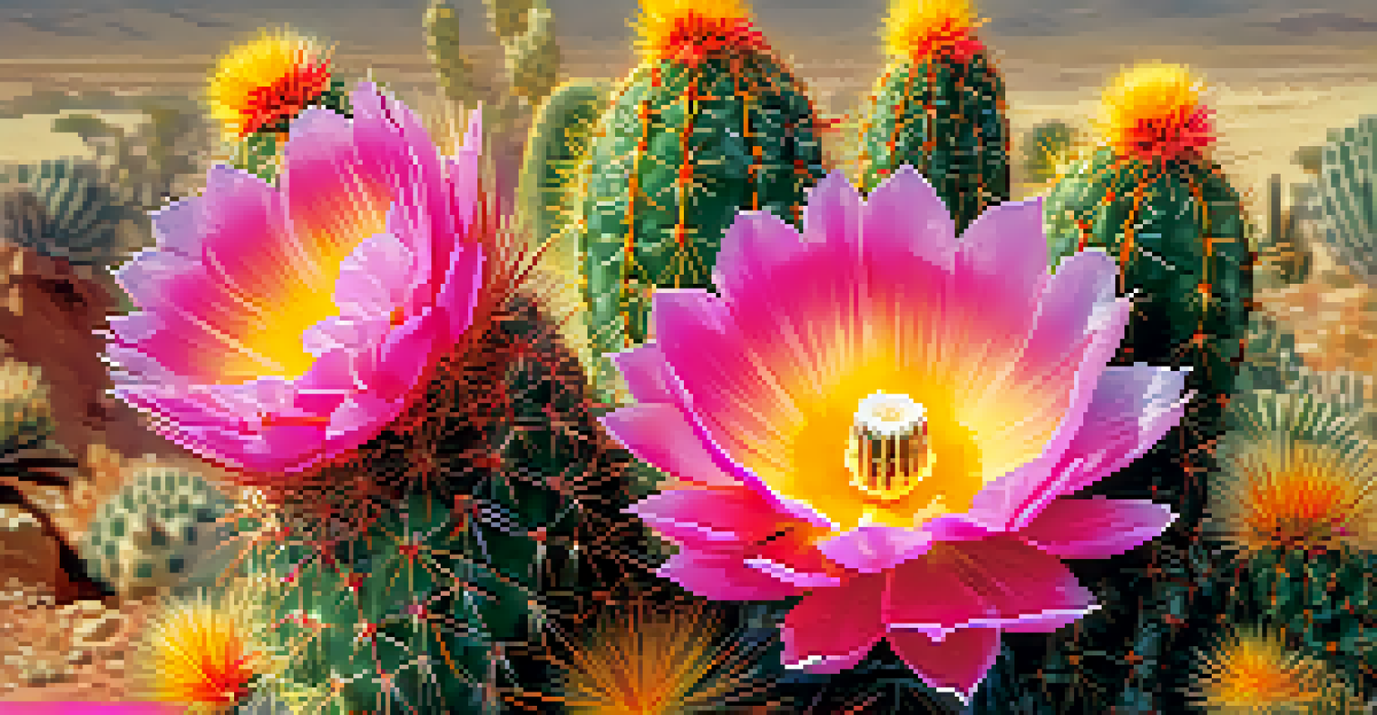 A close-up view of a Peyote cactus with colorful flowers, showcasing its texture and intricate details against a blurred desert background.