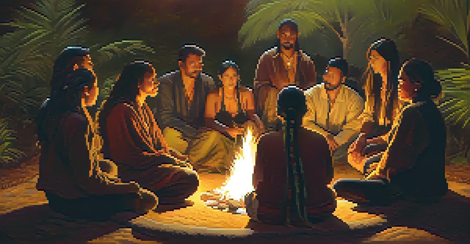 A group of people in a circle around a fire during a peyote ceremony, with lush greenery around them.