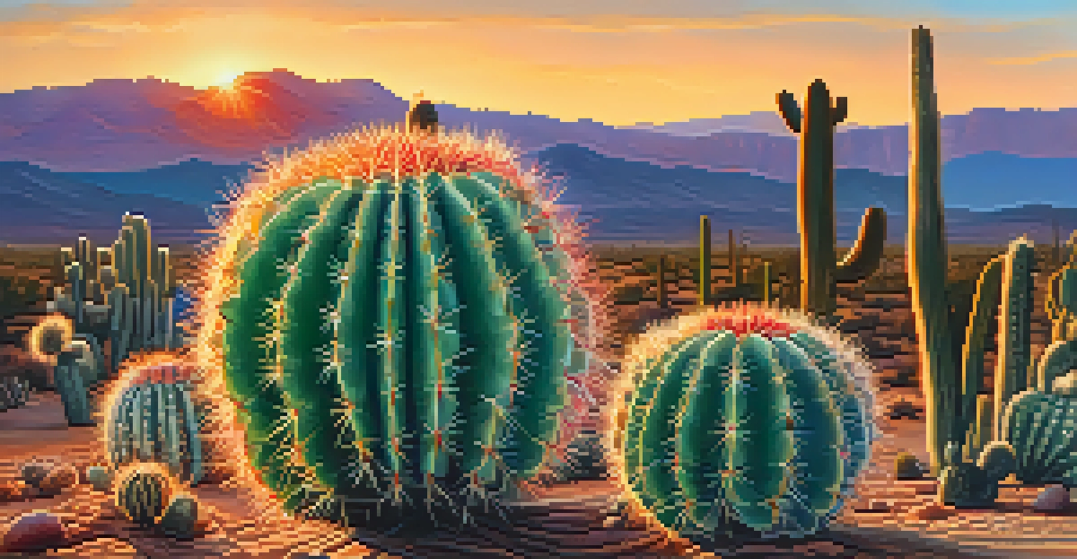 A detailed close-up of a peyote cactus with distinctive button tops, set against a blurred sunset background.