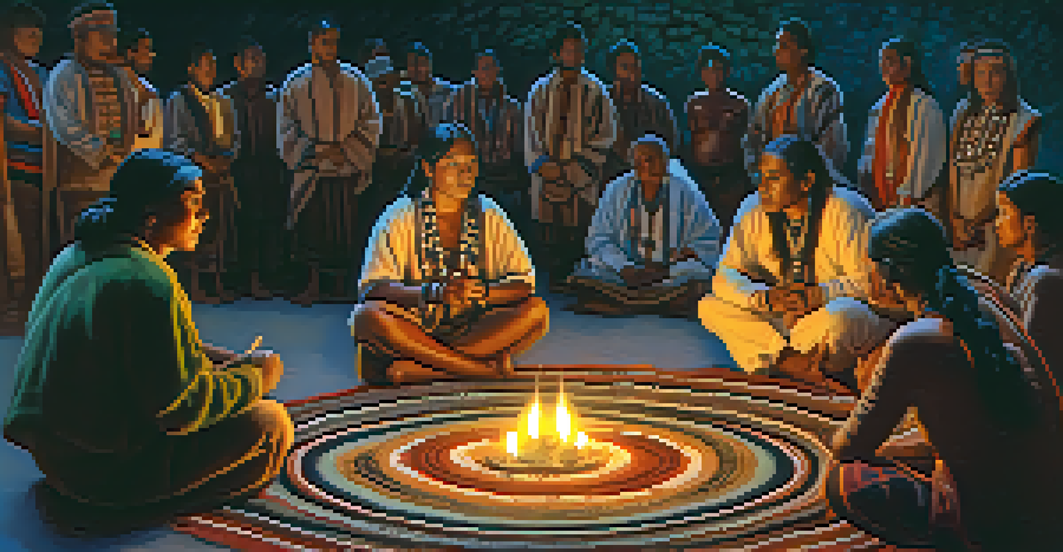 Indigenous participants in a Peyote ceremony, seated in a circle with candlelight and traditional attire.