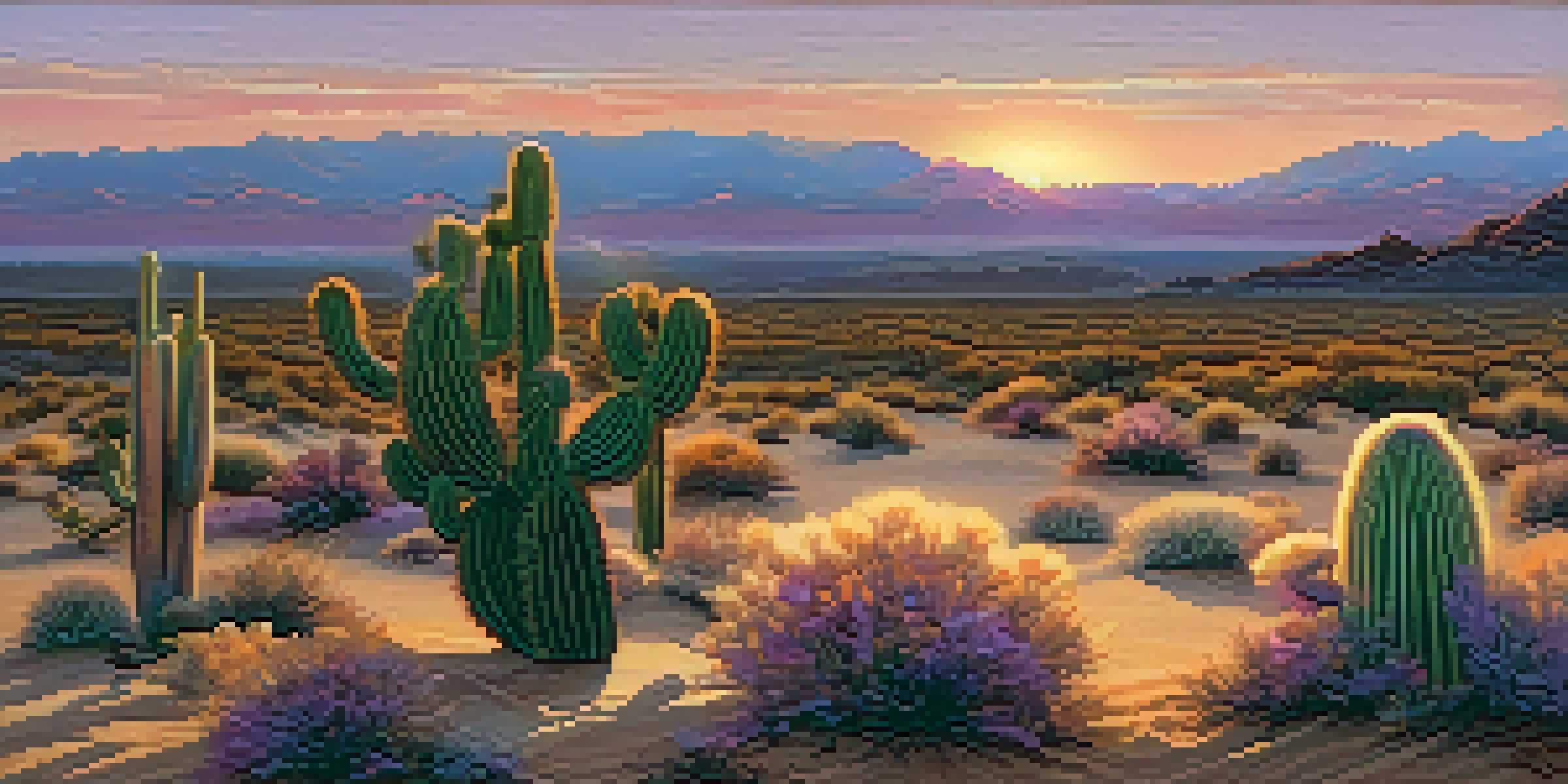 A small peyote cactus in a desert landscape at sunset, showcasing its unique shape against a colorful sky.