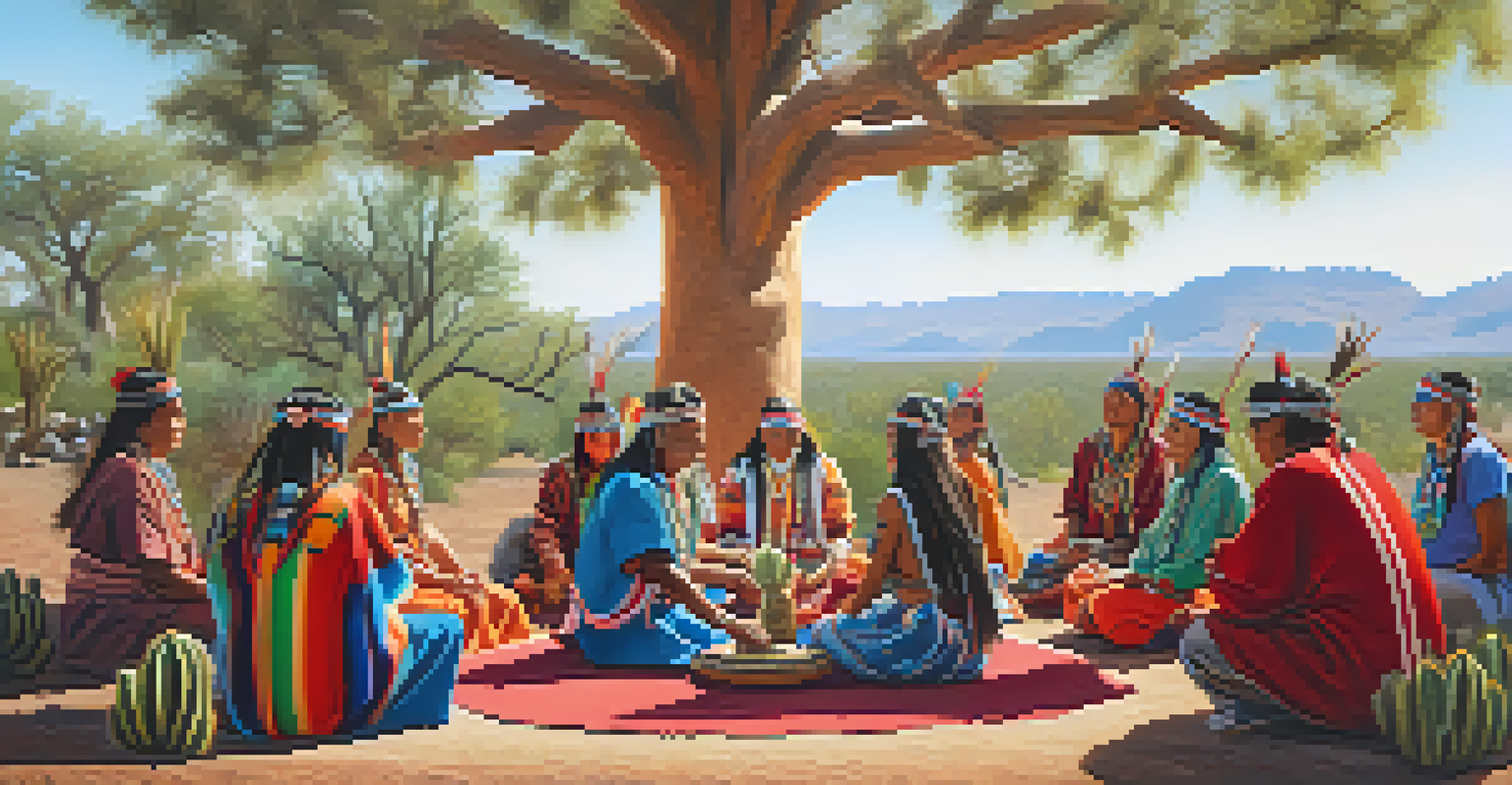 A group of indigenous individuals in traditional attire participating in a ceremony amidst peyote cacti.