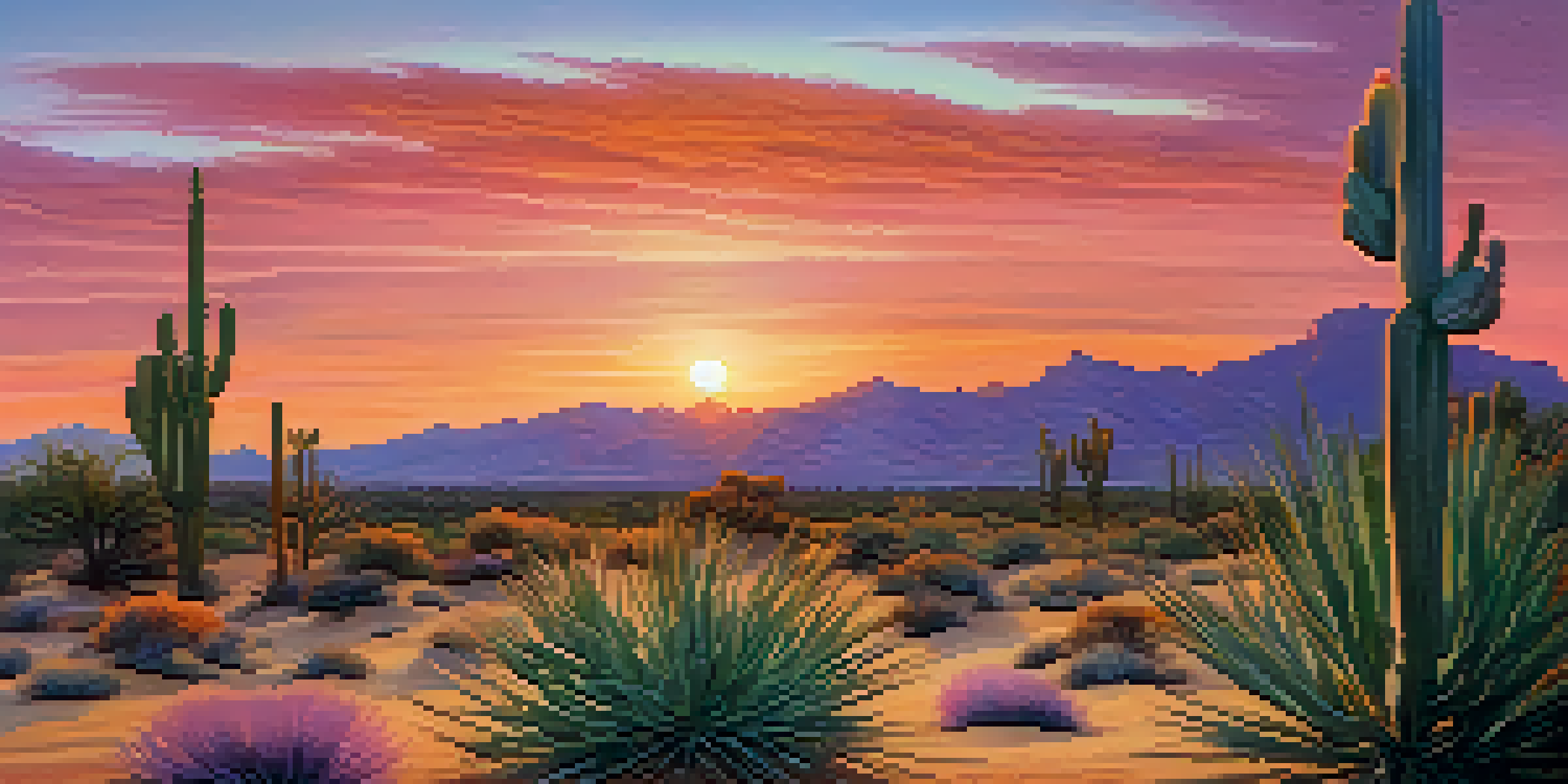 A peaceful desert scene with a green peyote cactus illuminated by the sunset, featuring warm colors in the sky and soft sand dunes.