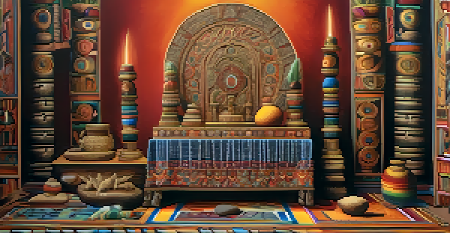 Close-up of a ceremonial altar with intricate patterns and vibrant colors, adorned with feathers and stones, illuminated by soft ambient light.