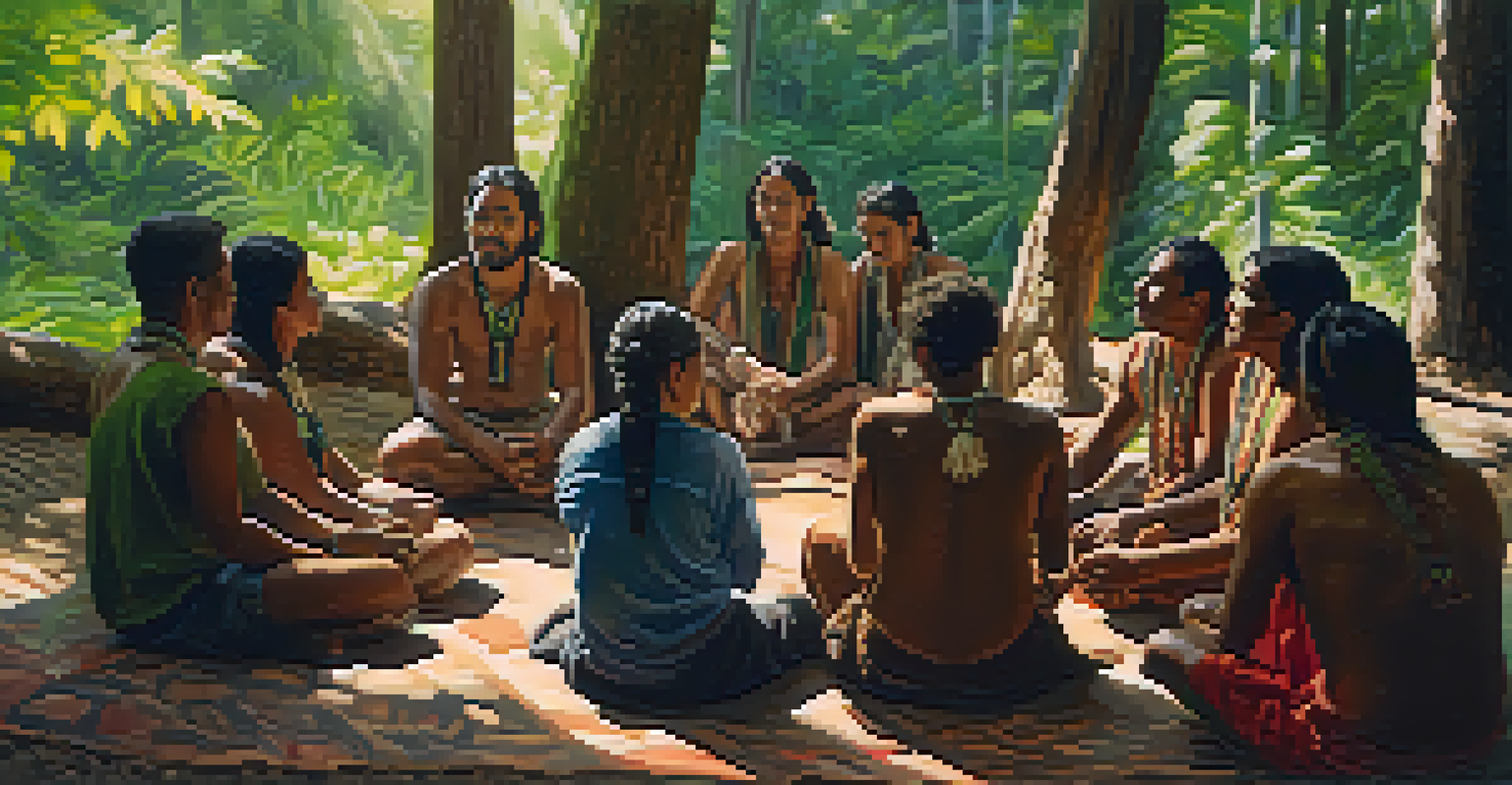 Participants in a forest sharing experiences after a peyote ceremony, with sunlight filtering through the trees.