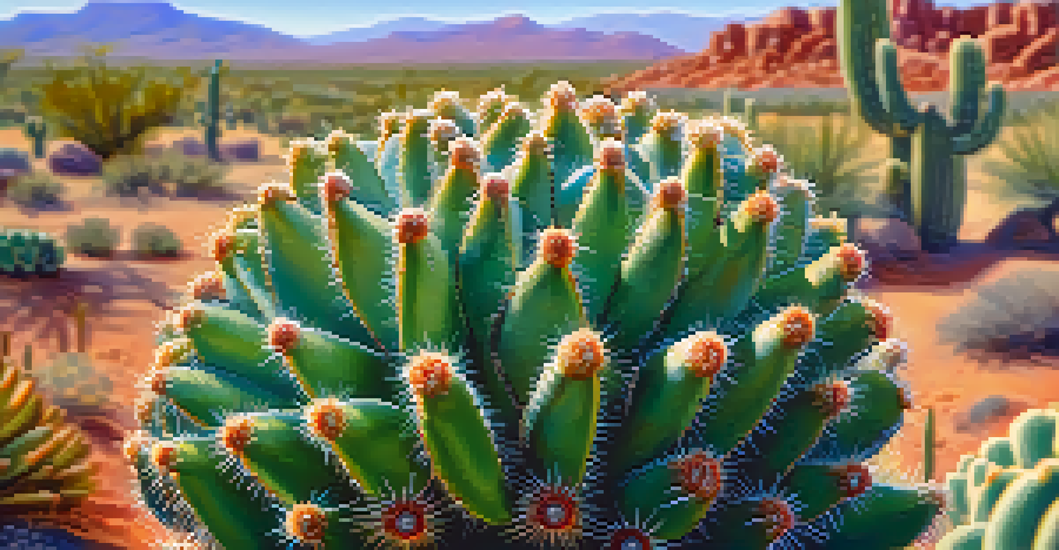 A close-up view of a peyote cactus with spines and dew, set against a blurred desert background.