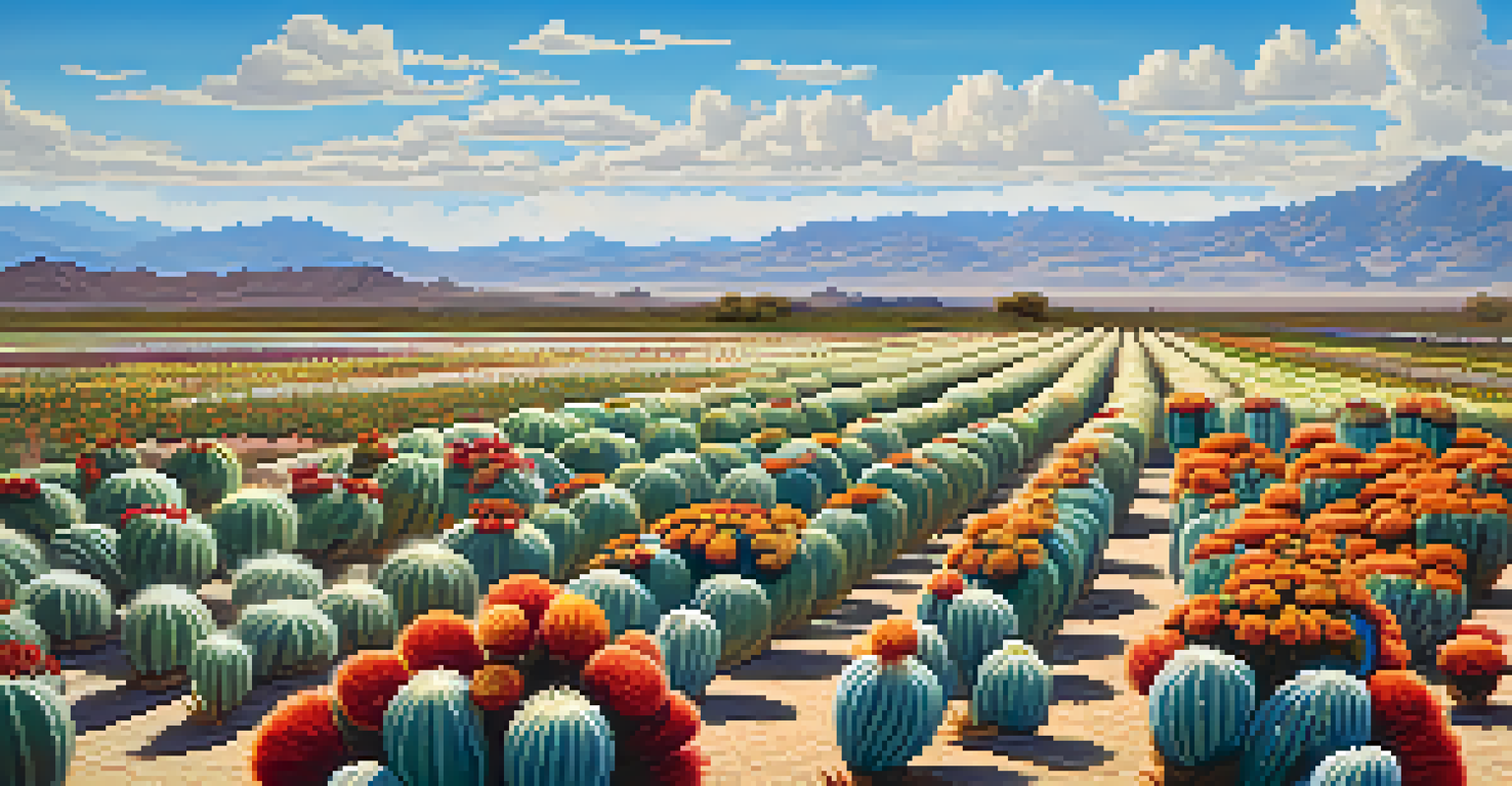 A large Peyote farm in a desert with rows of cacti and flowering plants under a blue sky.