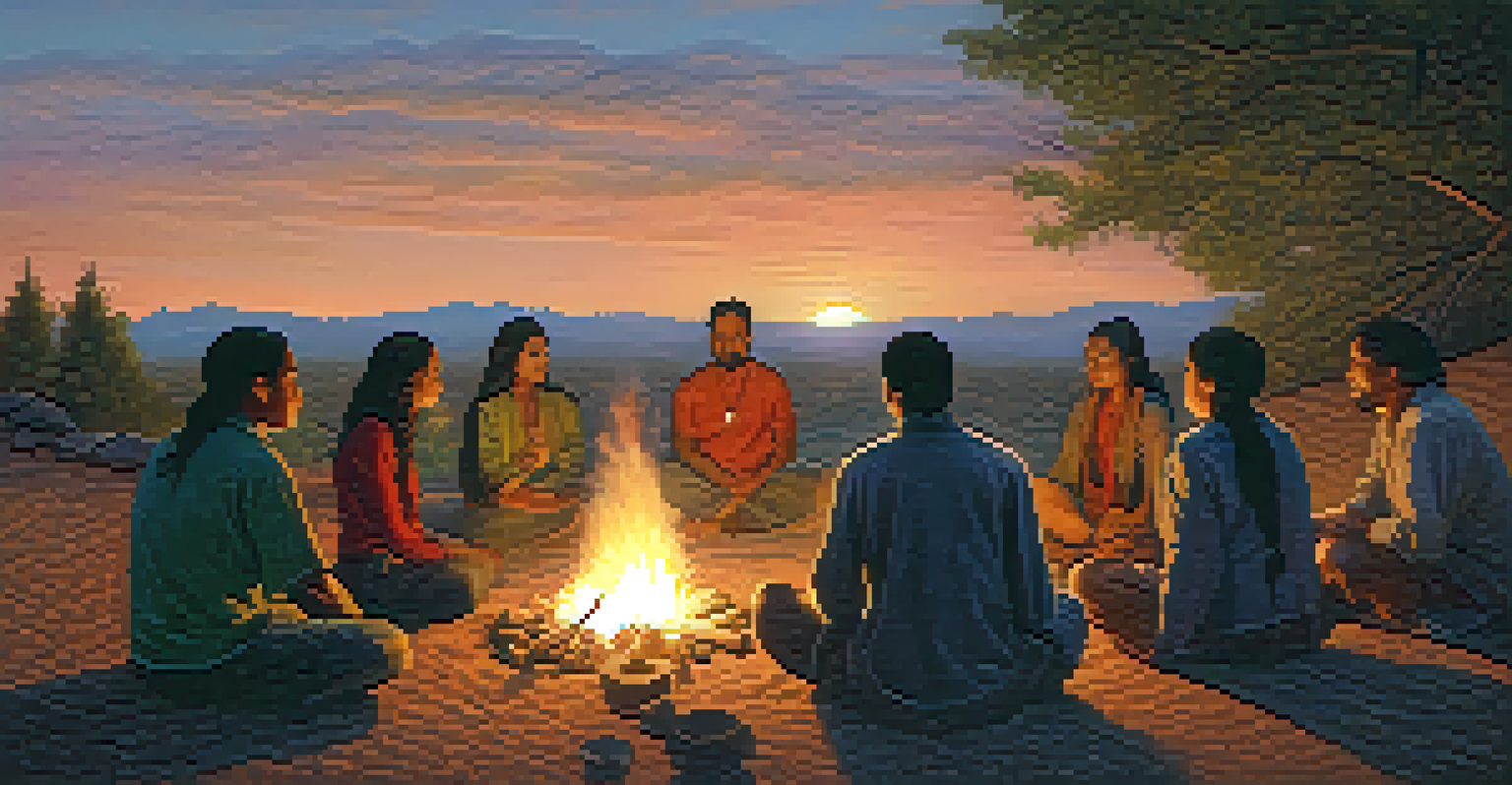 Diverse individuals gathered around a fire during a peyote healing ritual, with smoke rising into the twilight sky.