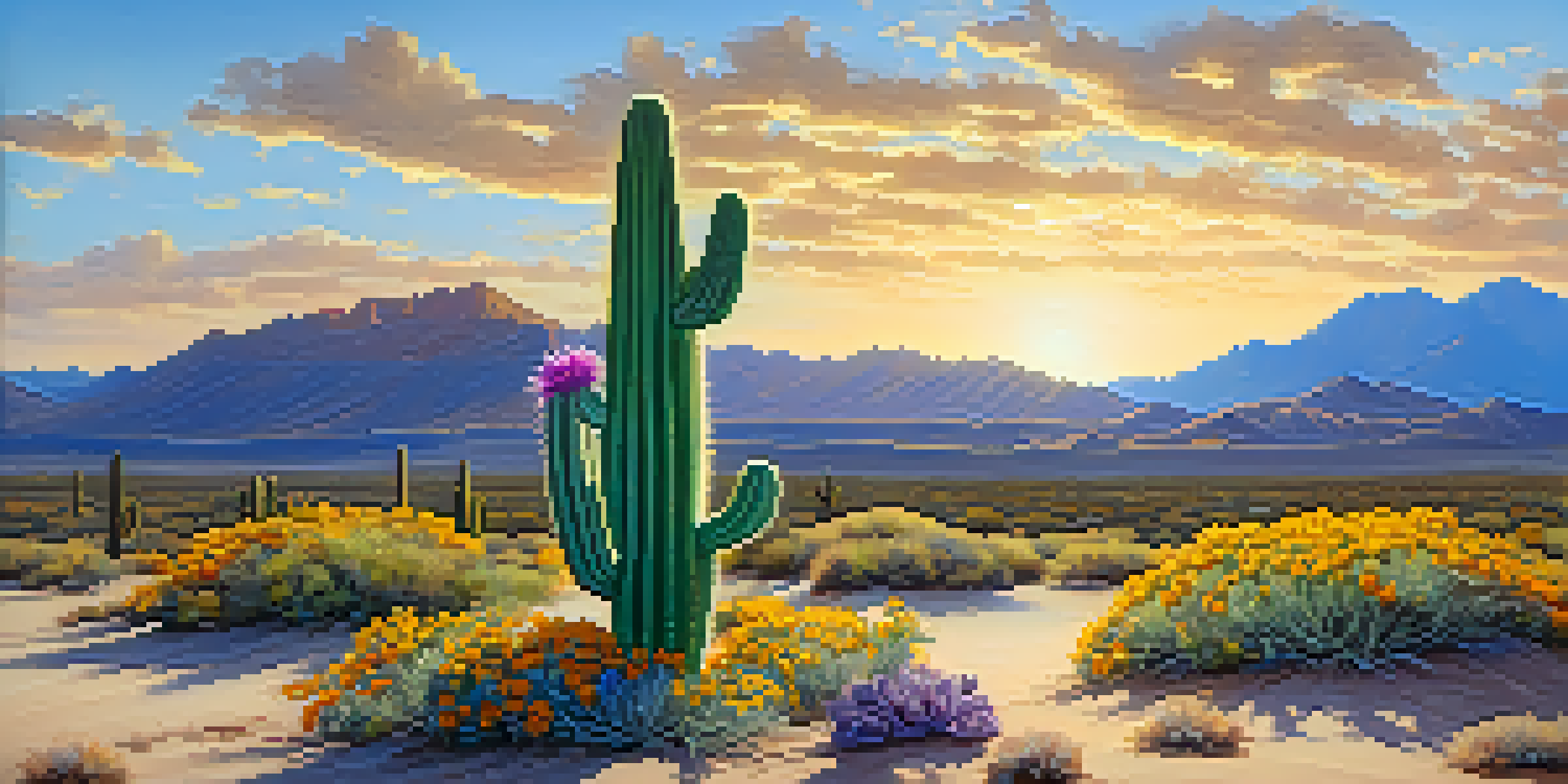 A bright desert scene with a small peyote cactus, colorful wildflowers, and a blue sky with clouds in the background.