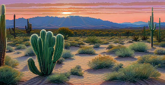 A serene desert scene at sunset with a small peyote cactus in the foreground and colorful sky.