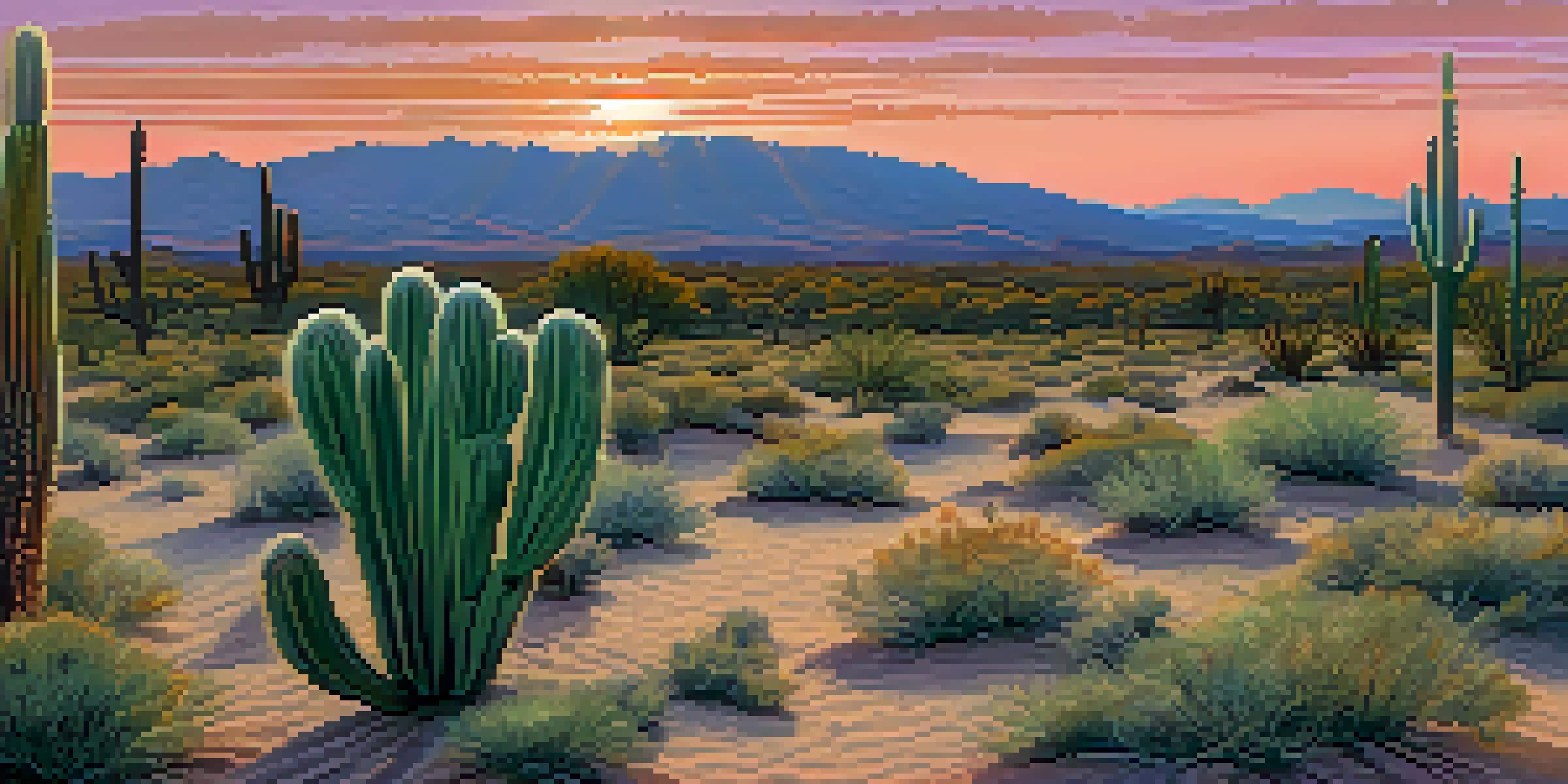 A serene desert scene at sunset with a small peyote cactus in the foreground and colorful sky.