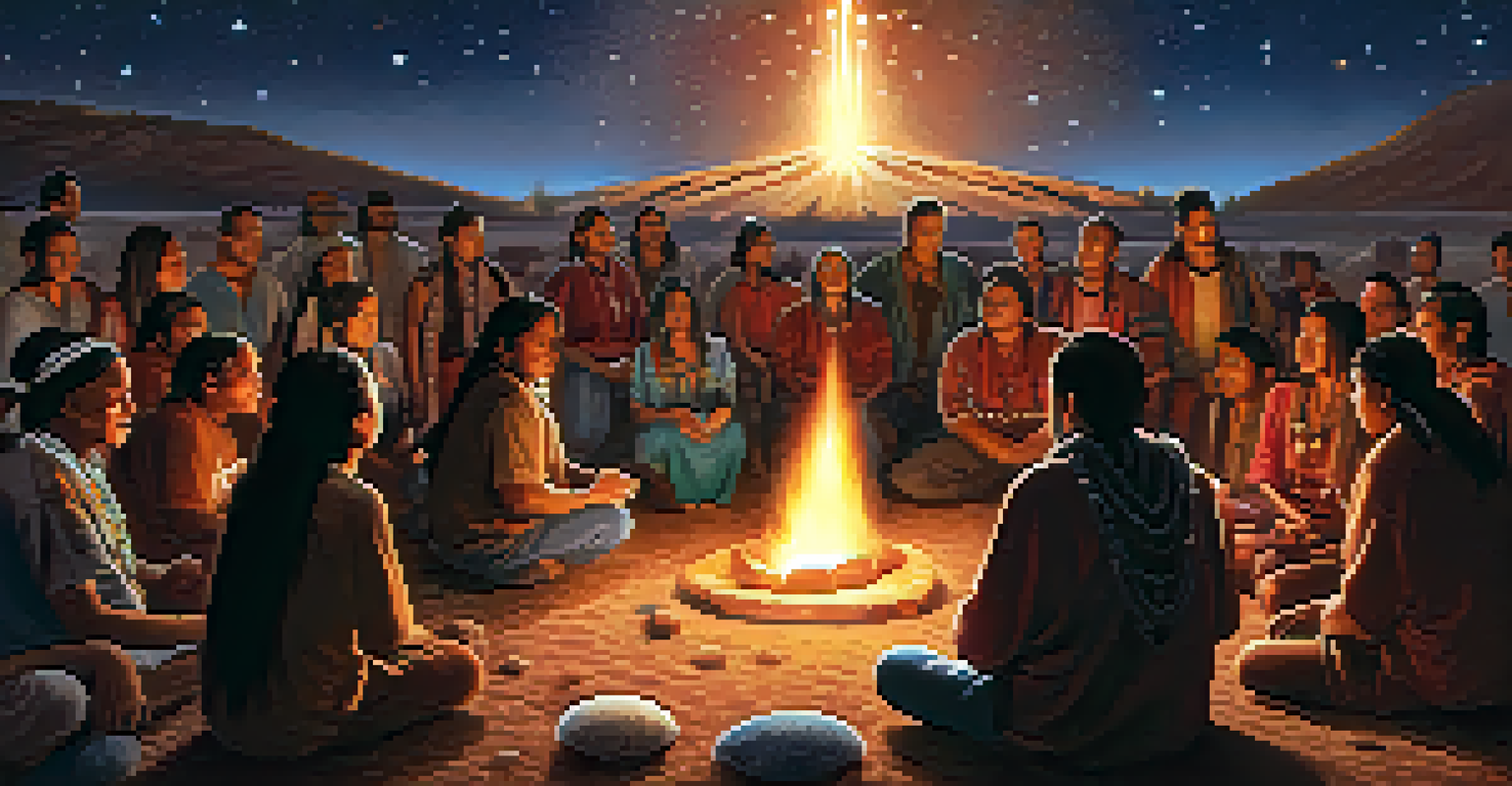 Indigenous community gathered around a fire under a starry sky, participating in a peyote ceremony with traditional artifacts.