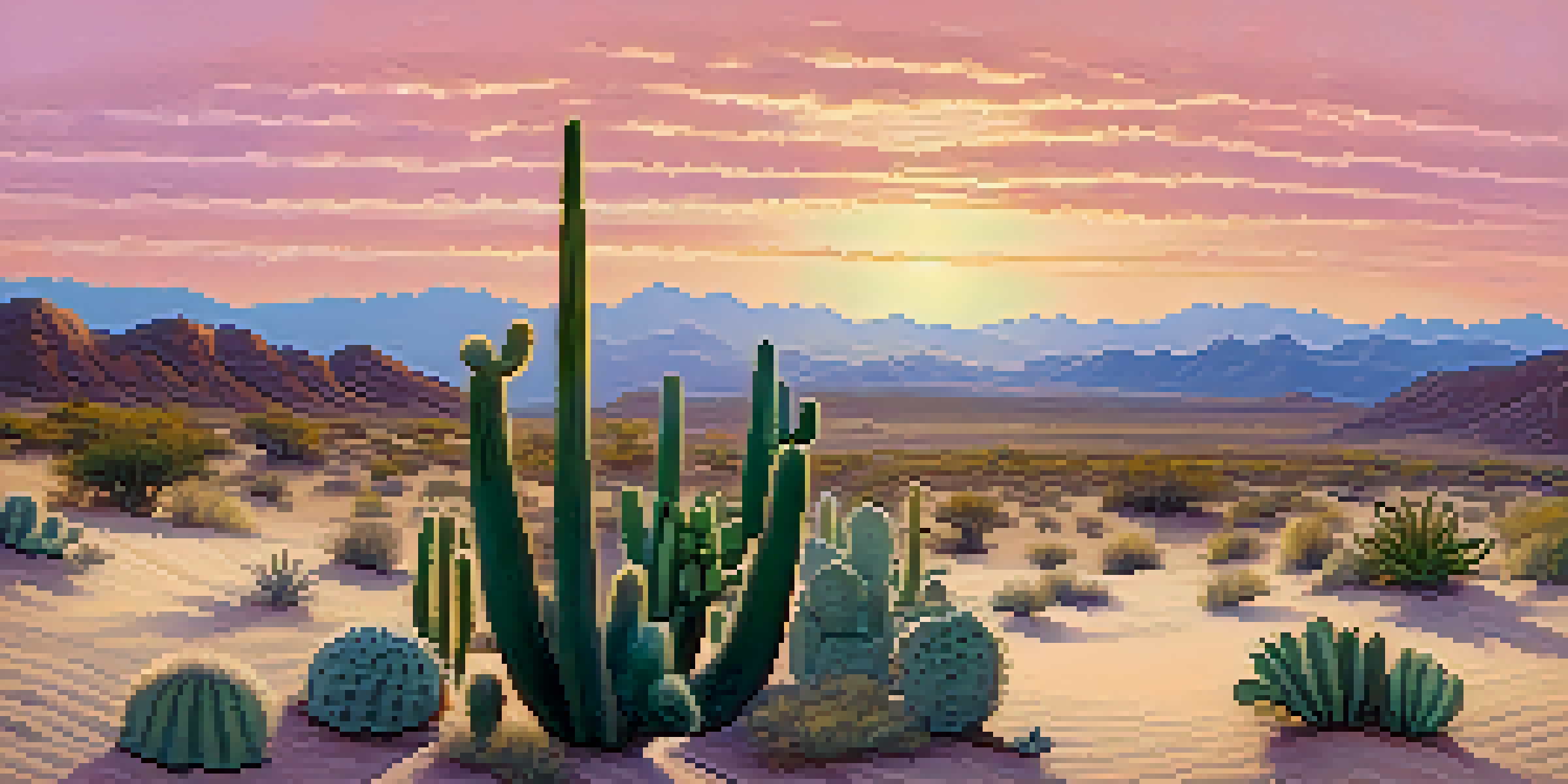 A peaceful desert scene with green peyote cacti in the foreground and soft sand dunes at dawn, illuminated by warm morning light.