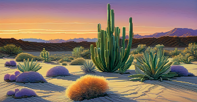A small peyote cactus in a desert landscape during sunset, with vibrant colors in the sky and soft shadows on the sand.