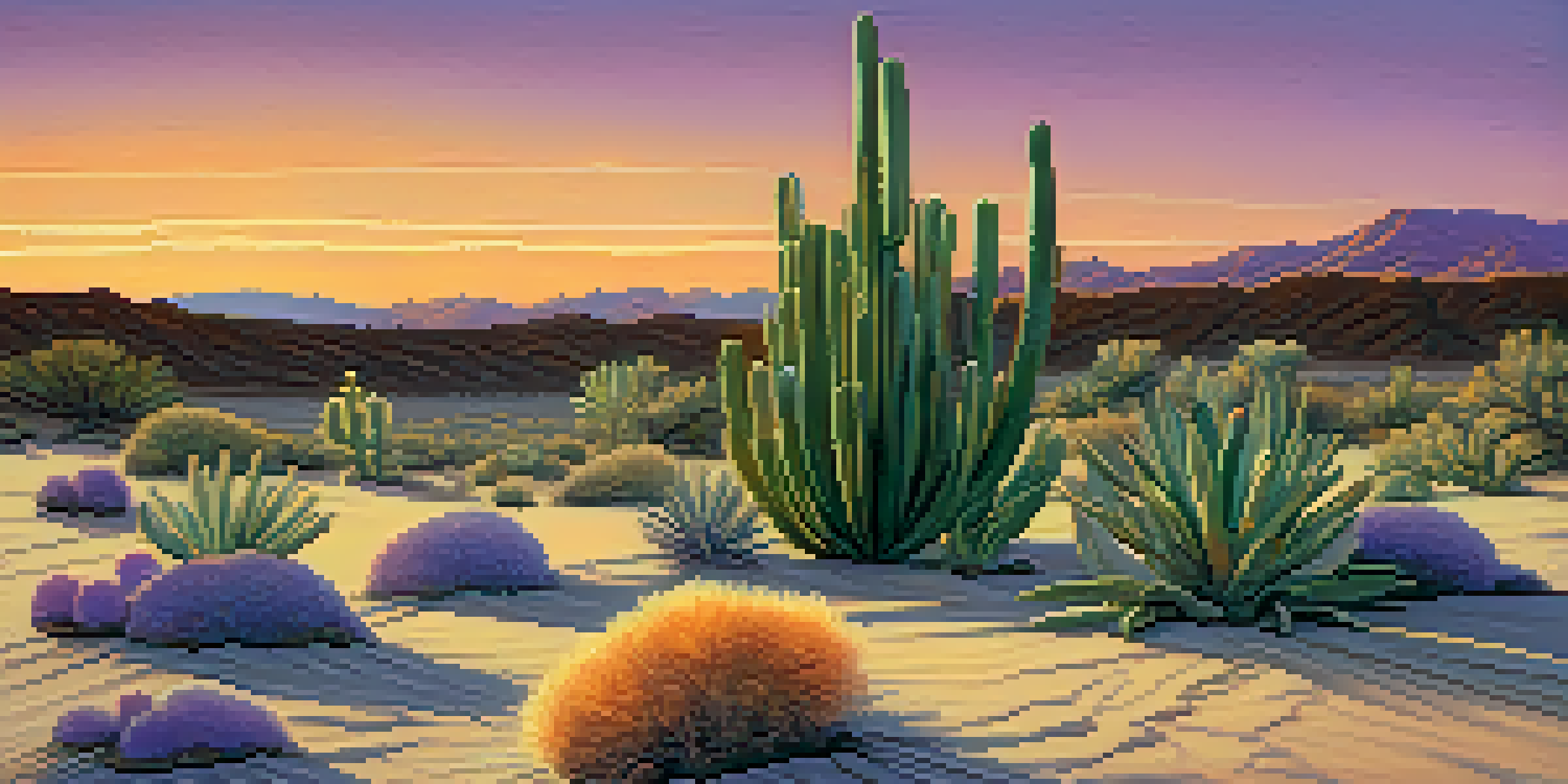 A small peyote cactus in a desert landscape during sunset, with vibrant colors in the sky and soft shadows on the sand.