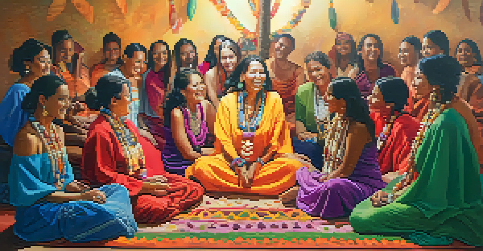 A joyful gathering of women in a peyote ceremony, surrounded by colorful fabrics and natural elements, with warm lighting creating a sense of spirituality.