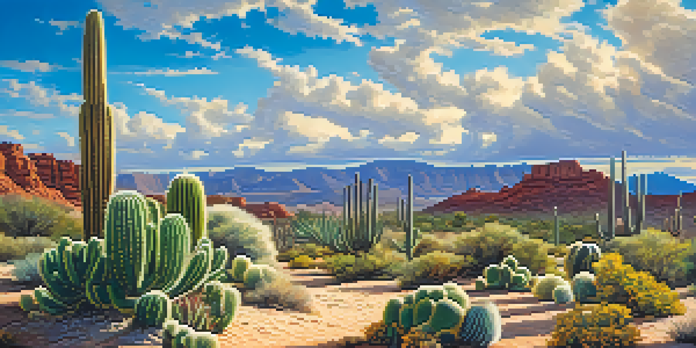 A bright desert scene with a peyote cactus in the foreground and colorful wildflowers scattered in the sand under a clear blue sky.