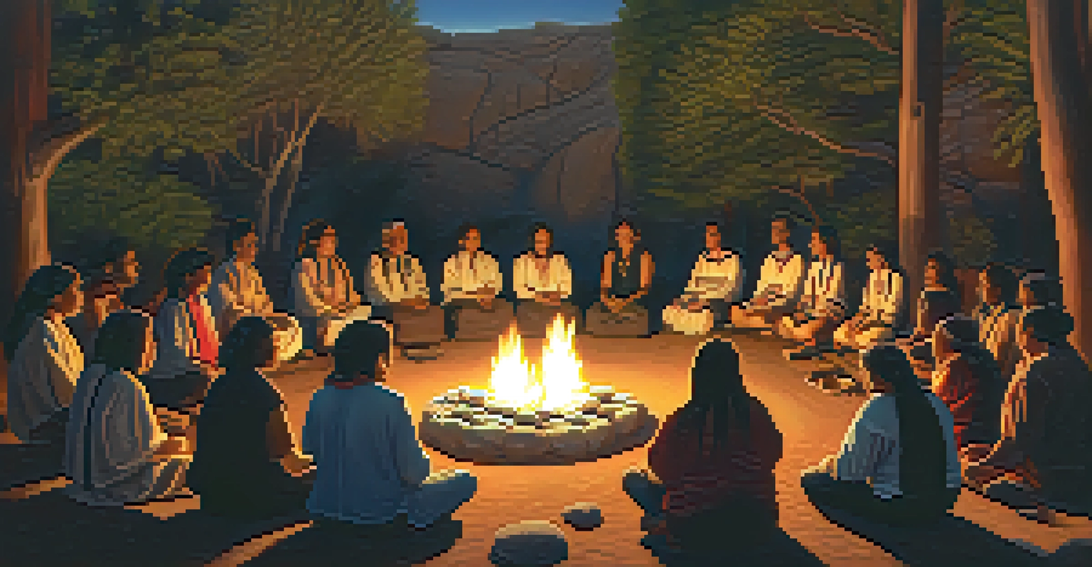 A ceremonial gathering of Indigenous people around a fire, sharing a Peyote healing experience.