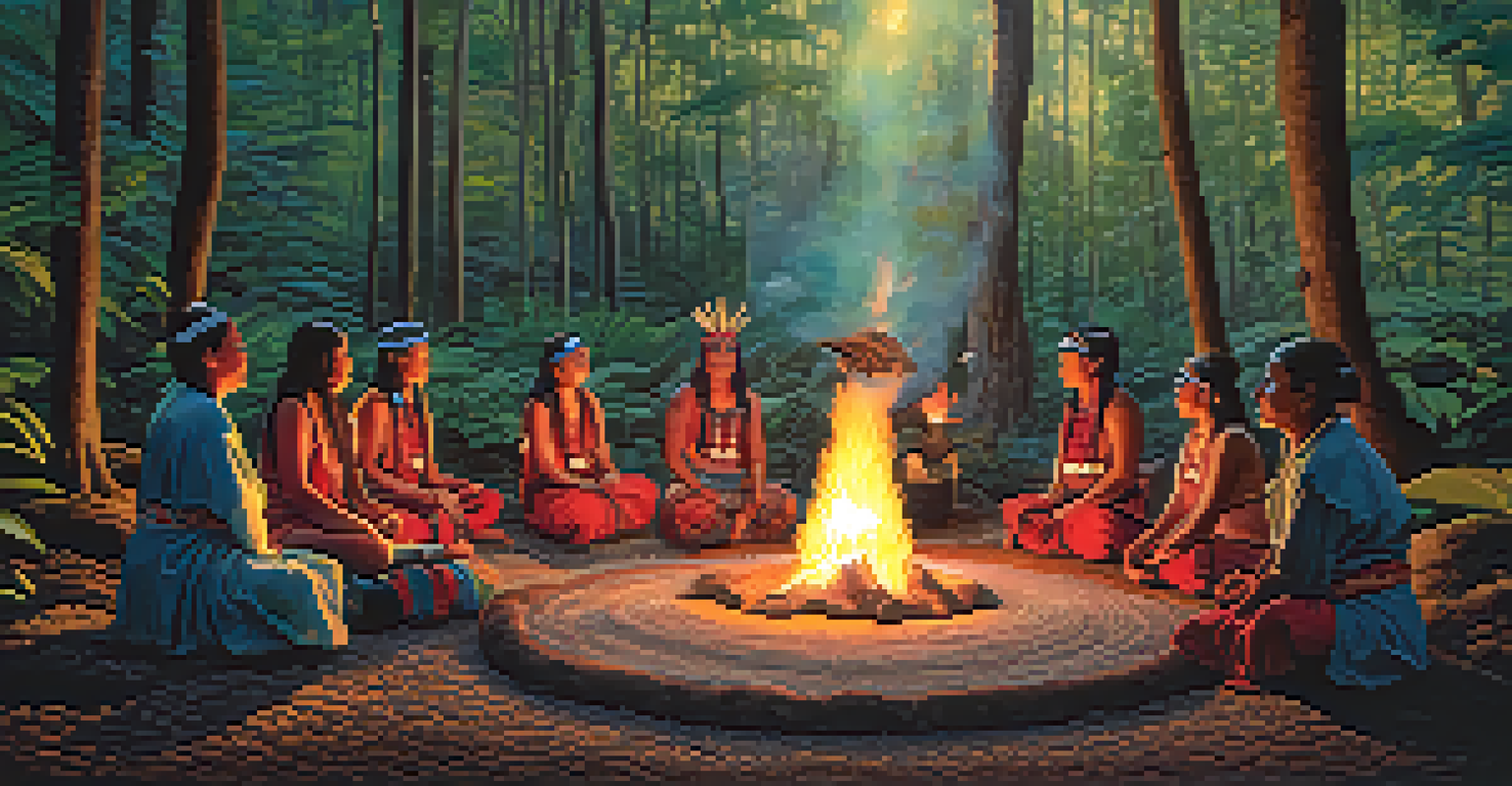 An Indigenous ceremony in a forest with participants gathered around a fire, illuminated by warm light.