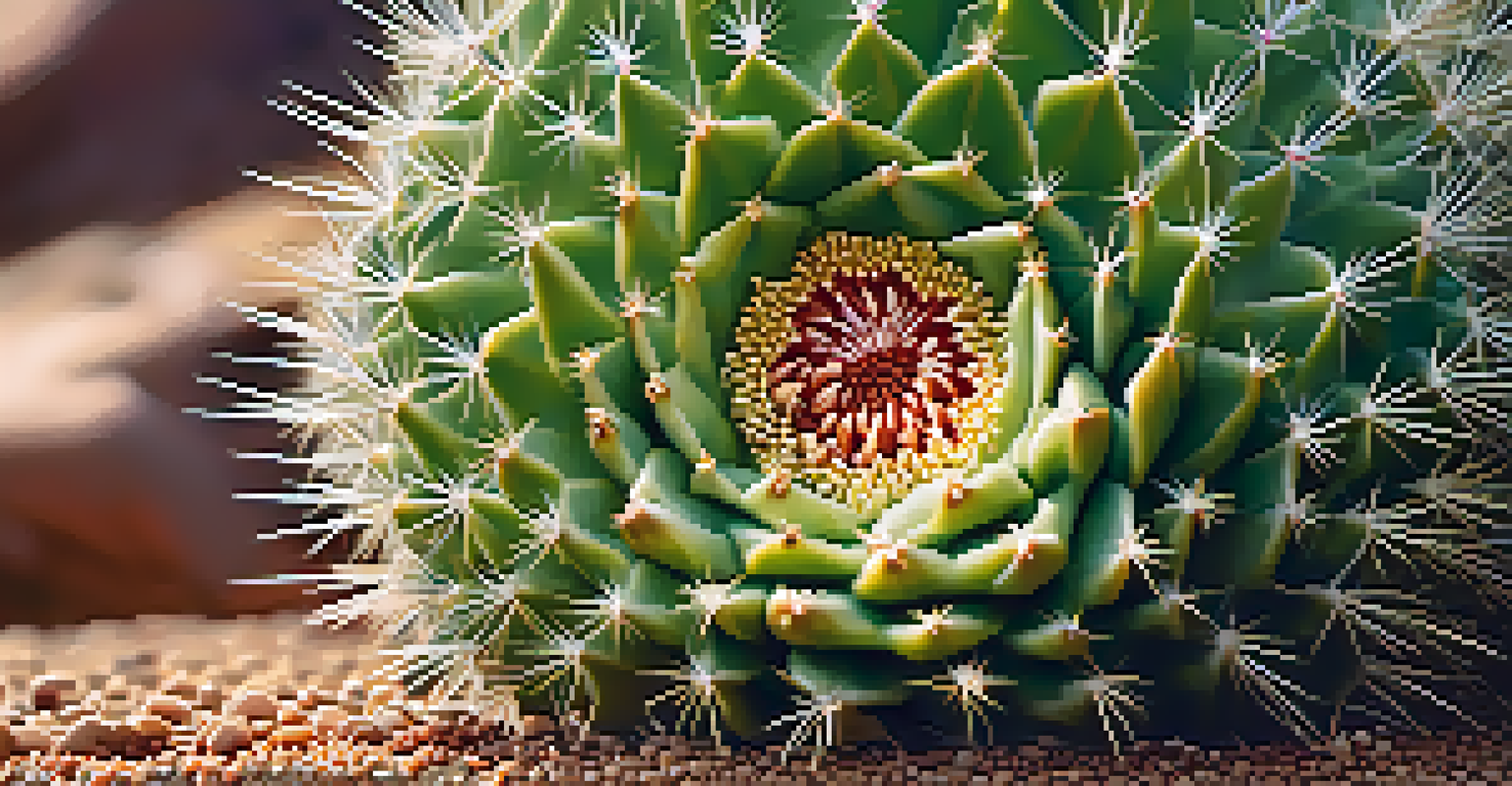 A detailed close-up of a peyote cactus showing its spines and texture with water droplets.